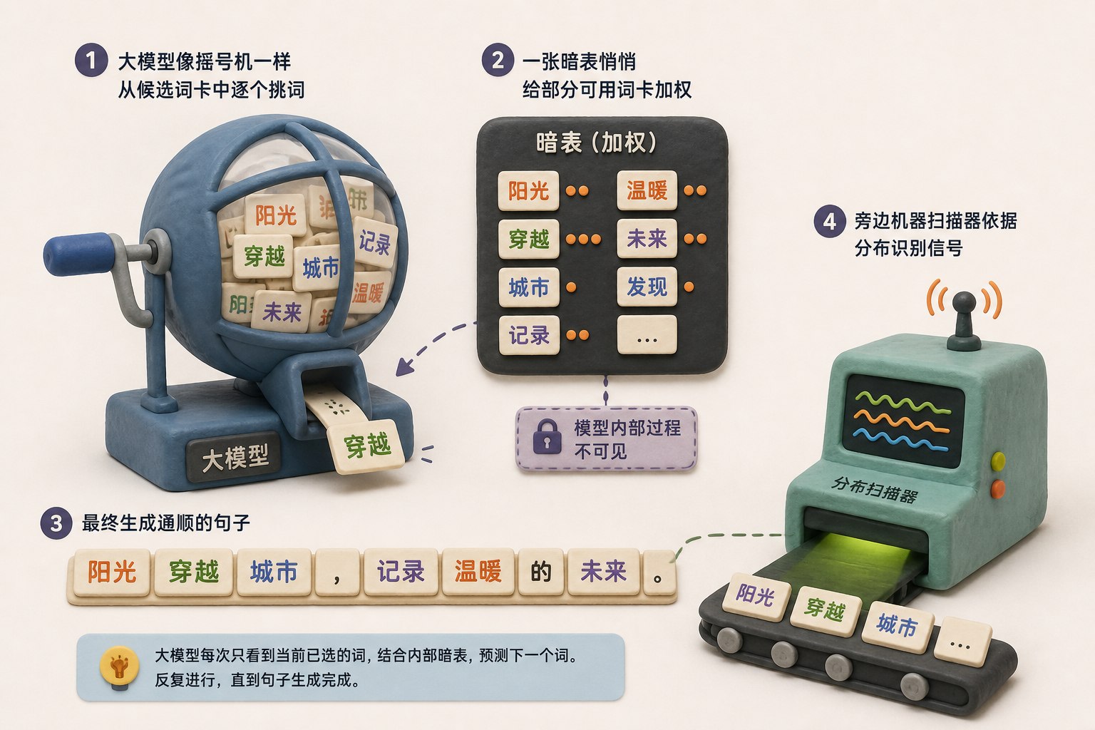 大模型像摇号机一样从候选词卡中逐个挑词,一张暗表悄悄给部分可用词卡加权,最终句子保持通顺,旁边机器扫描器依据分布识别信号,不显示具体比例,浅色背景的商业评论版橡皮泥平面信息图的统一风格。