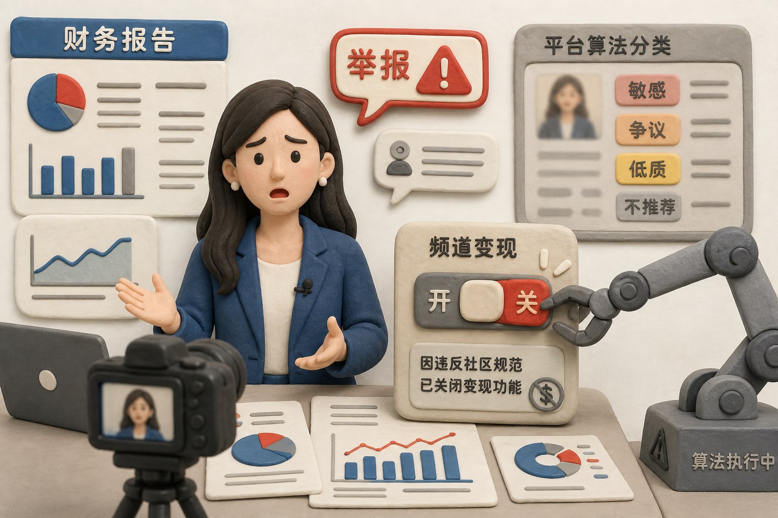 真人财经主播站在镜头和财报资料前,频道变现开关被平台机械臂关闭,旁边举报气泡与模糊算法分类框共同施压,强调真人劳动与机器误判的冲突,不展示数字或日期,浅色背景的商业评论版橡皮泥平面信息图的统一风格。