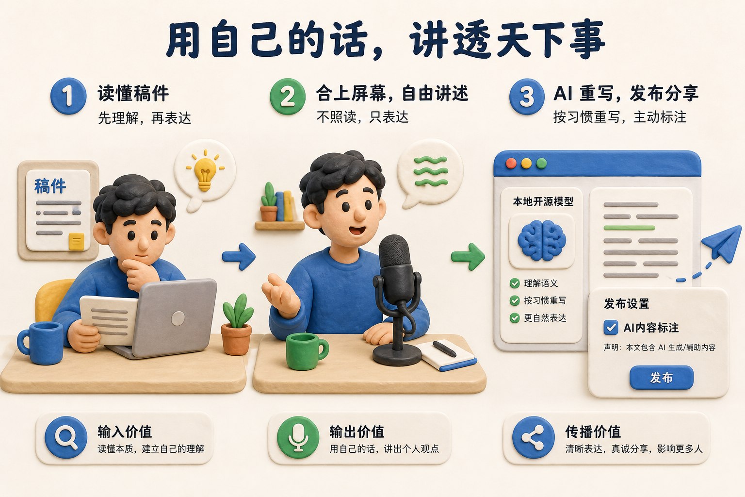 创作者在工作台前先读懂稿件再合上屏幕对着话筒自由讲述,另一侧本地开源模型帮助按个人语言习惯重写,上传界面主动勾选AI内容标注,三段式行动构图,不展示具体参数,浅色背景的商业评论版橡皮泥平面信息图的统一风格。