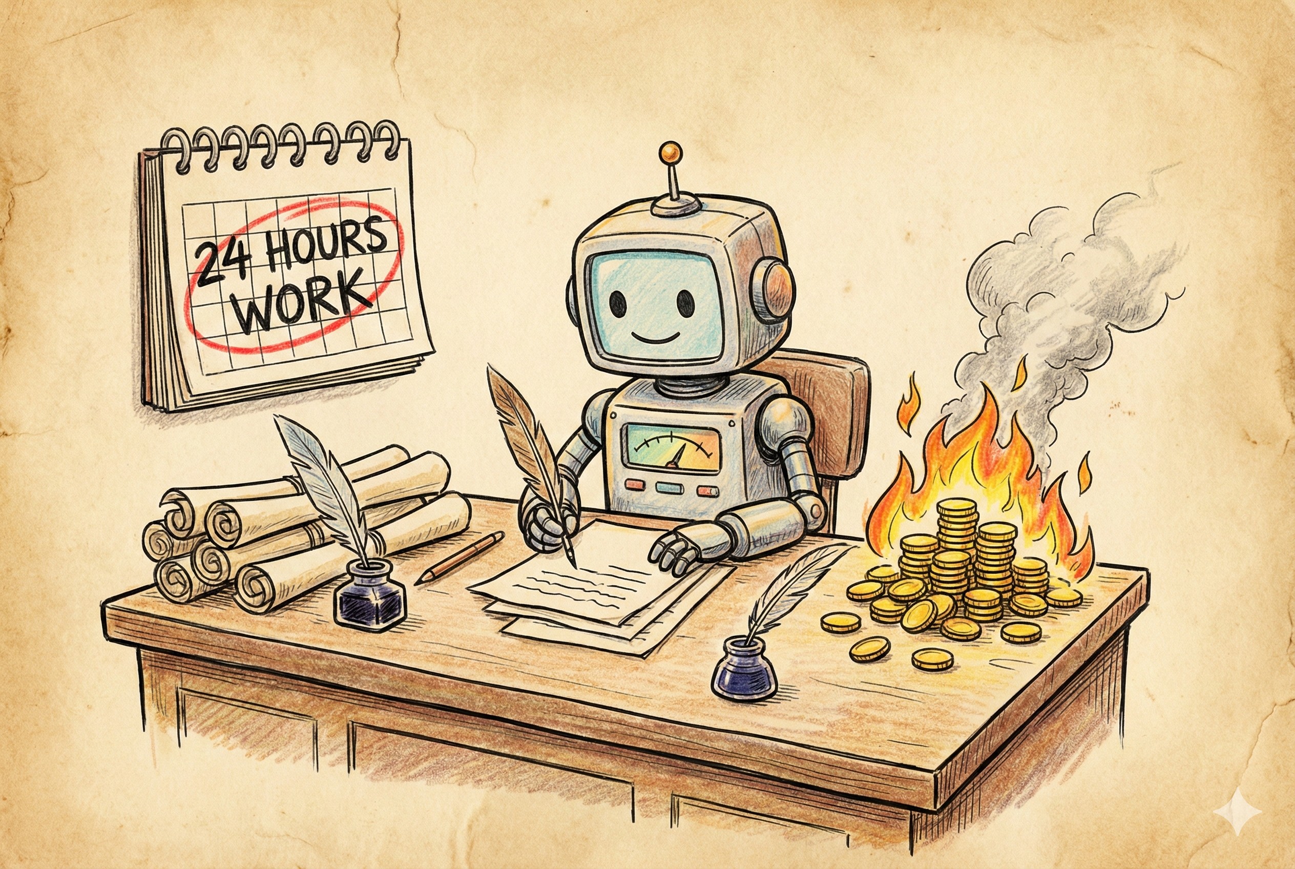 一个拟人化的AI小助手坐在办公桌前，旁边日历显示24小时工作，桌角有一堆正在燃烧的金币代表Token消耗，羊皮纸，钢笔彩色手绘的统一风格。