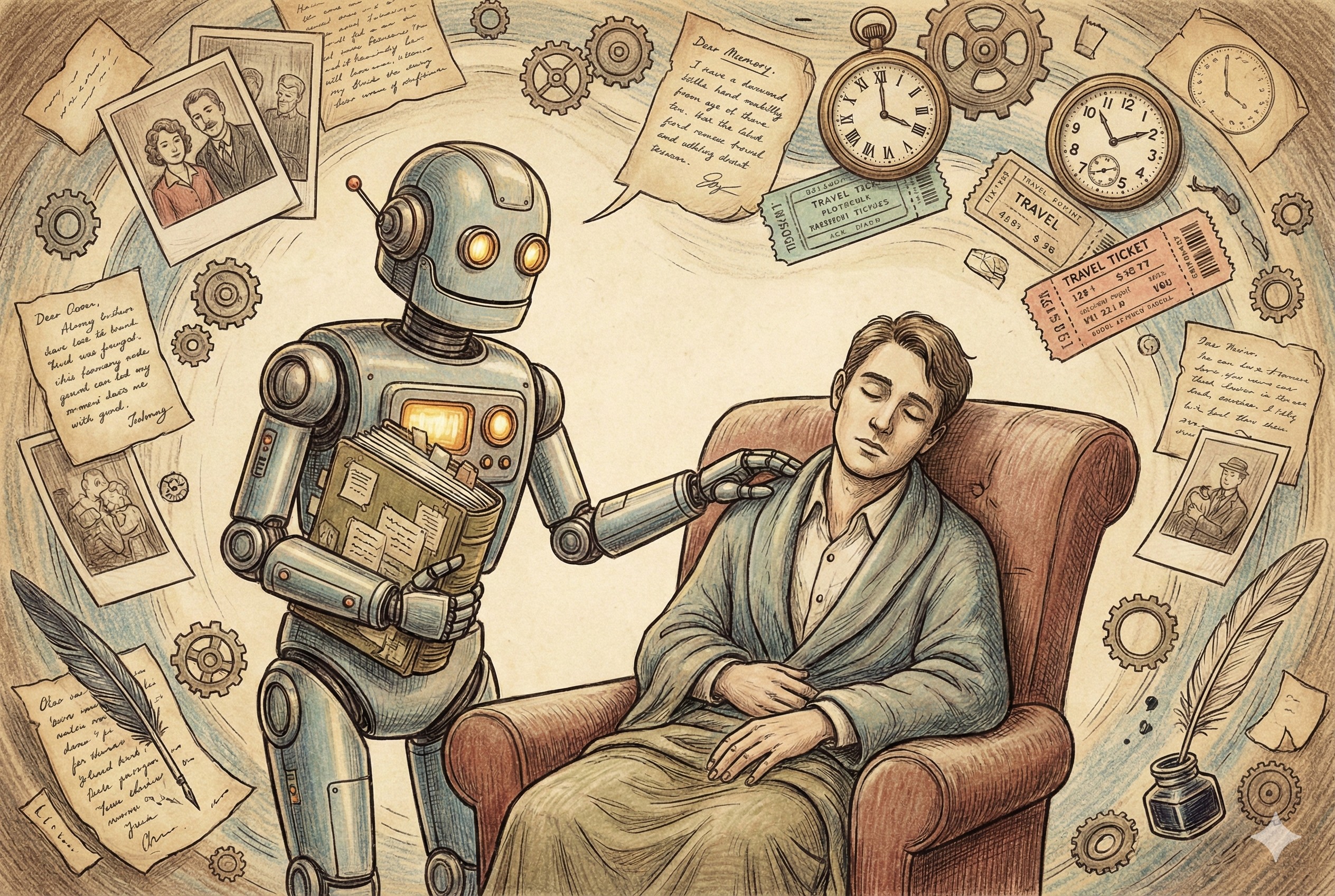 AI助手手里拿着厚厚的记事本，正在主动轻拍一位正在休息的用户的肩膀进行提醒，背景充满记忆碎片，羊皮纸，钢笔彩色手绘的统一风格。