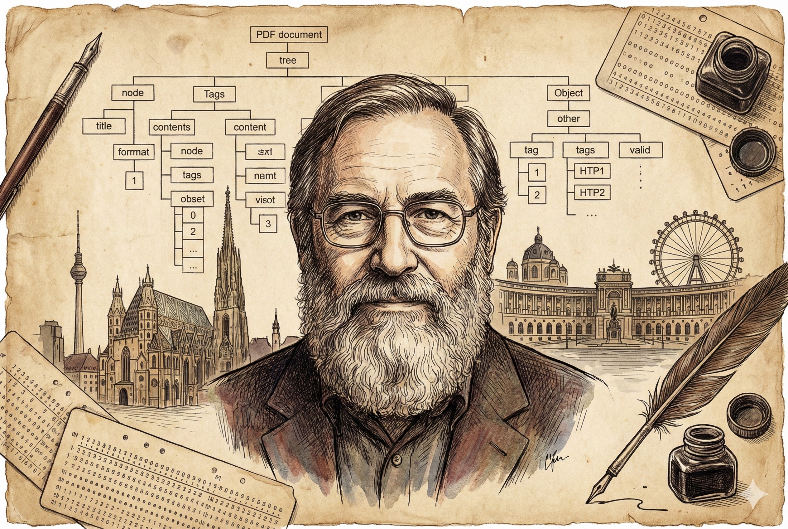 一位睿智的程序员肖像，背景融合了PDF文档结构图和维也纳的建筑剪影，羊皮纸，钢笔彩色手绘的统一风格。