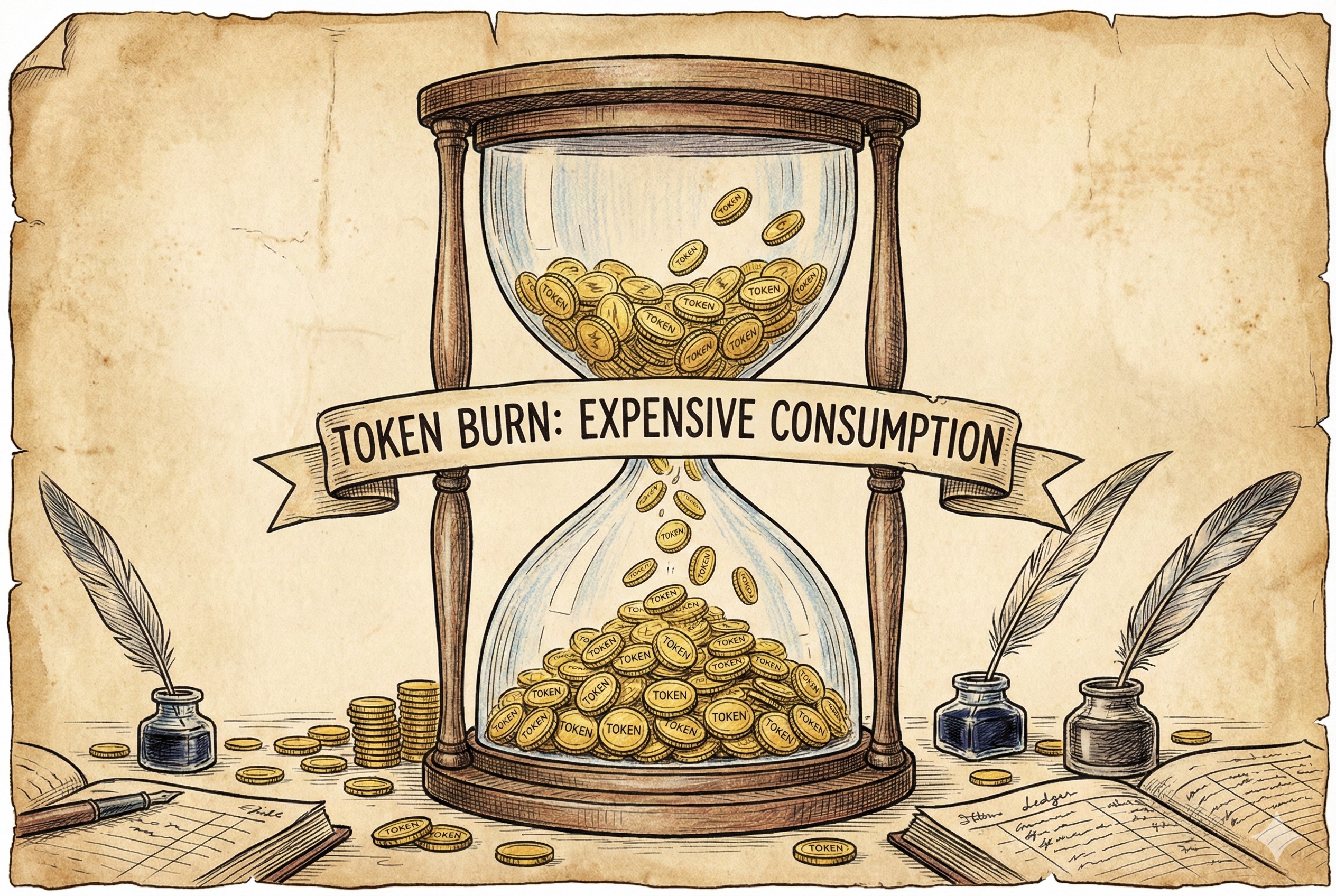 一个巨大的沙漏，里面的沙子是金币，正在快速流逝，象征昂贵的Token消耗，羊皮纸，钢笔彩色手绘的统一风格。