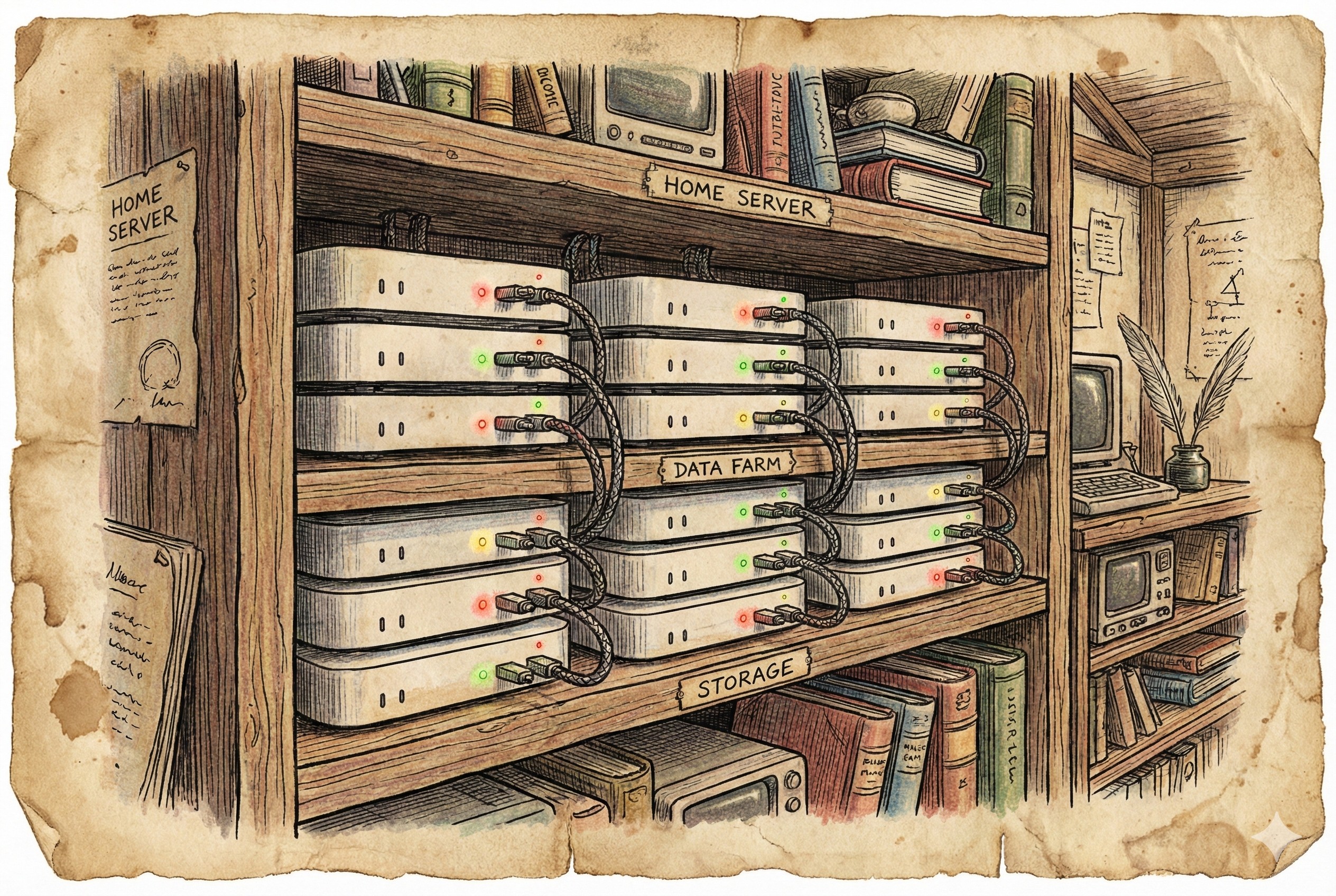 一个架子上整齐排列着多台Mac Mini组成的家庭服务器农场，指示灯闪烁，羊皮纸，钢笔彩色手绘的统一风格。