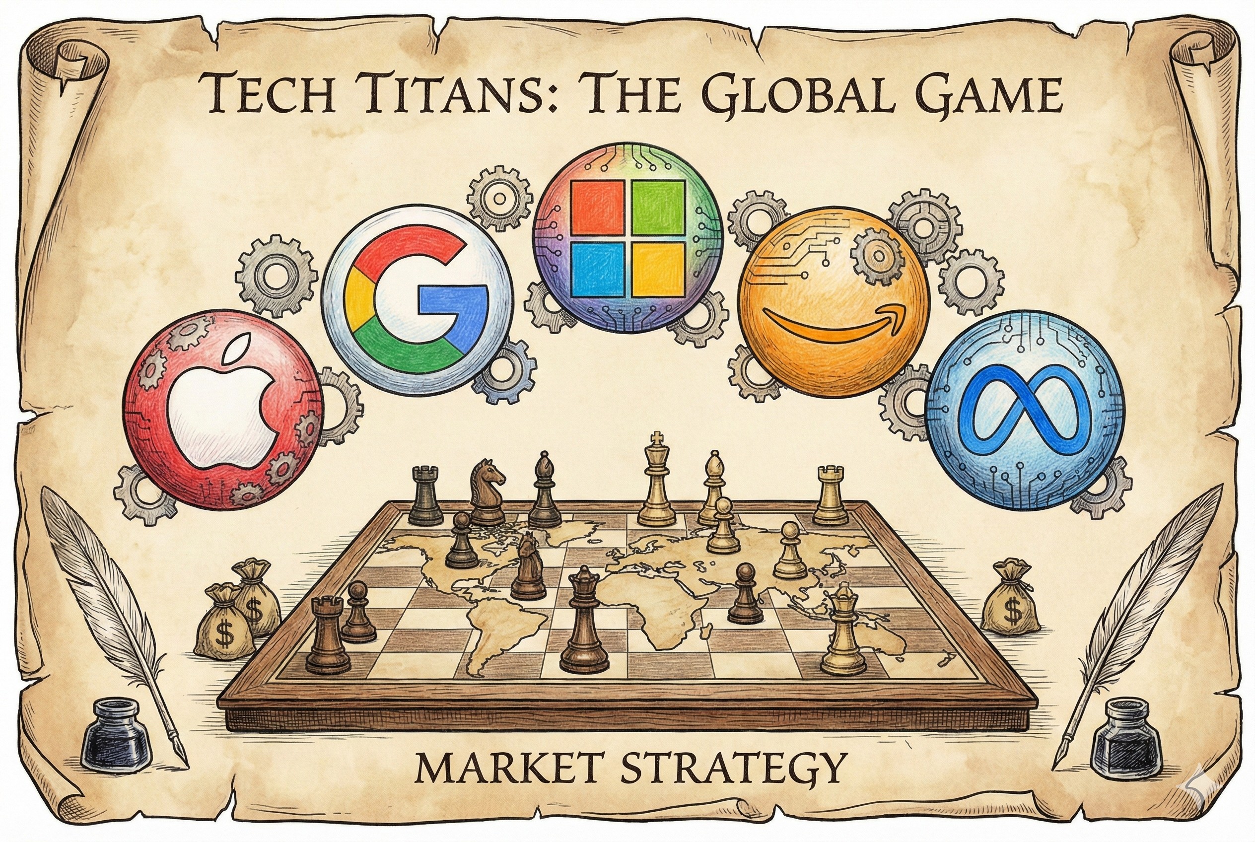 几个代表科技巨头的彩色球体悬浮在一张棋盘上方，象征市场博弈，羊皮纸，钢笔彩色手绘的统一风格。