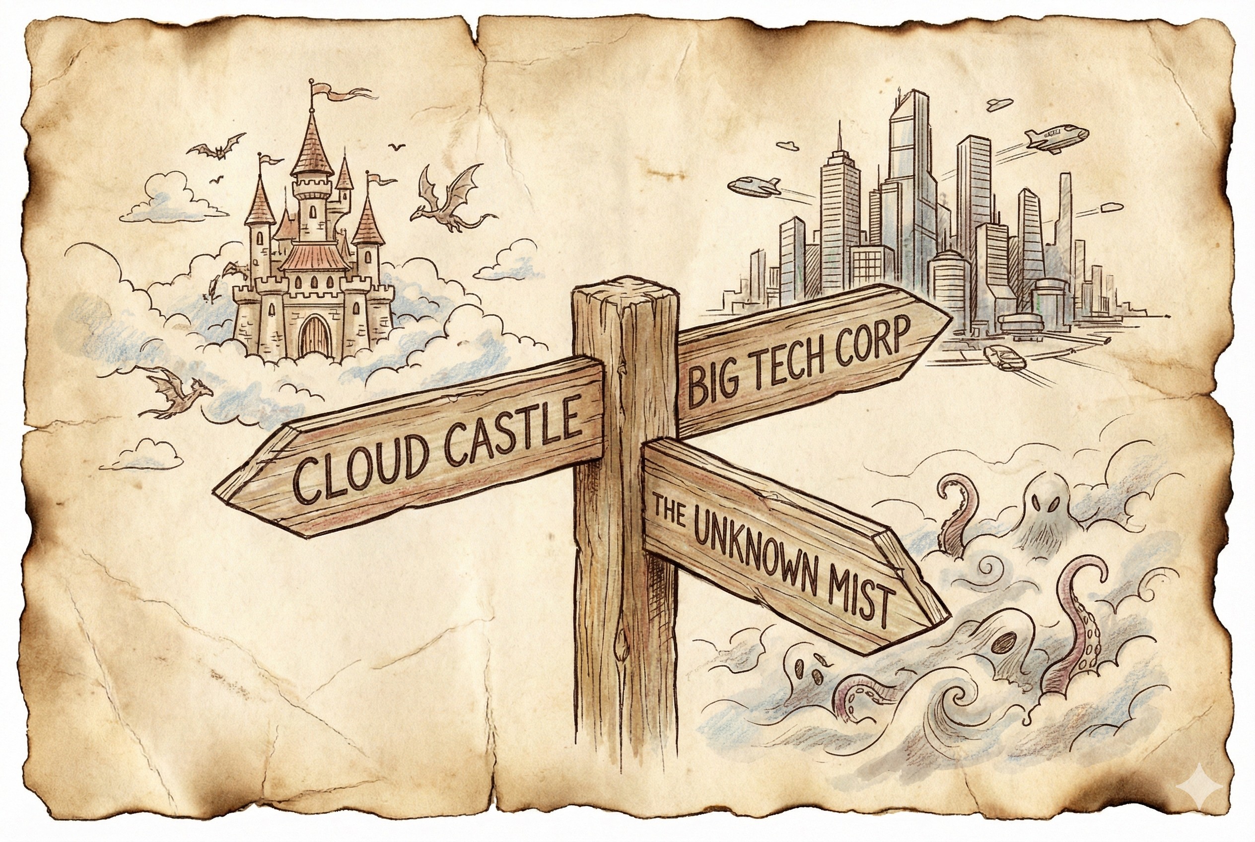 一个指向三个不同方向的复古路标，分别通向云端城堡、大科技公司的摩天大楼和未知的迷雾，羊皮纸，钢笔彩色手绘的统一风格。