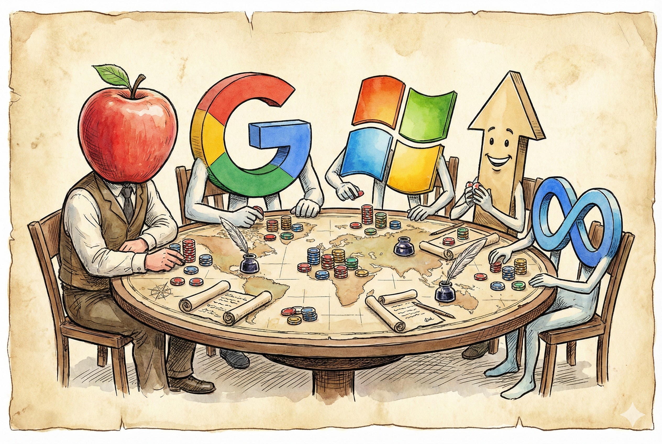 几个象征不同科技巨头的巨大身影在圆桌旁博弈，桌上堆满了绘有芯片图案的筹码，羊皮纸，钢笔彩色手绘的统一风格。