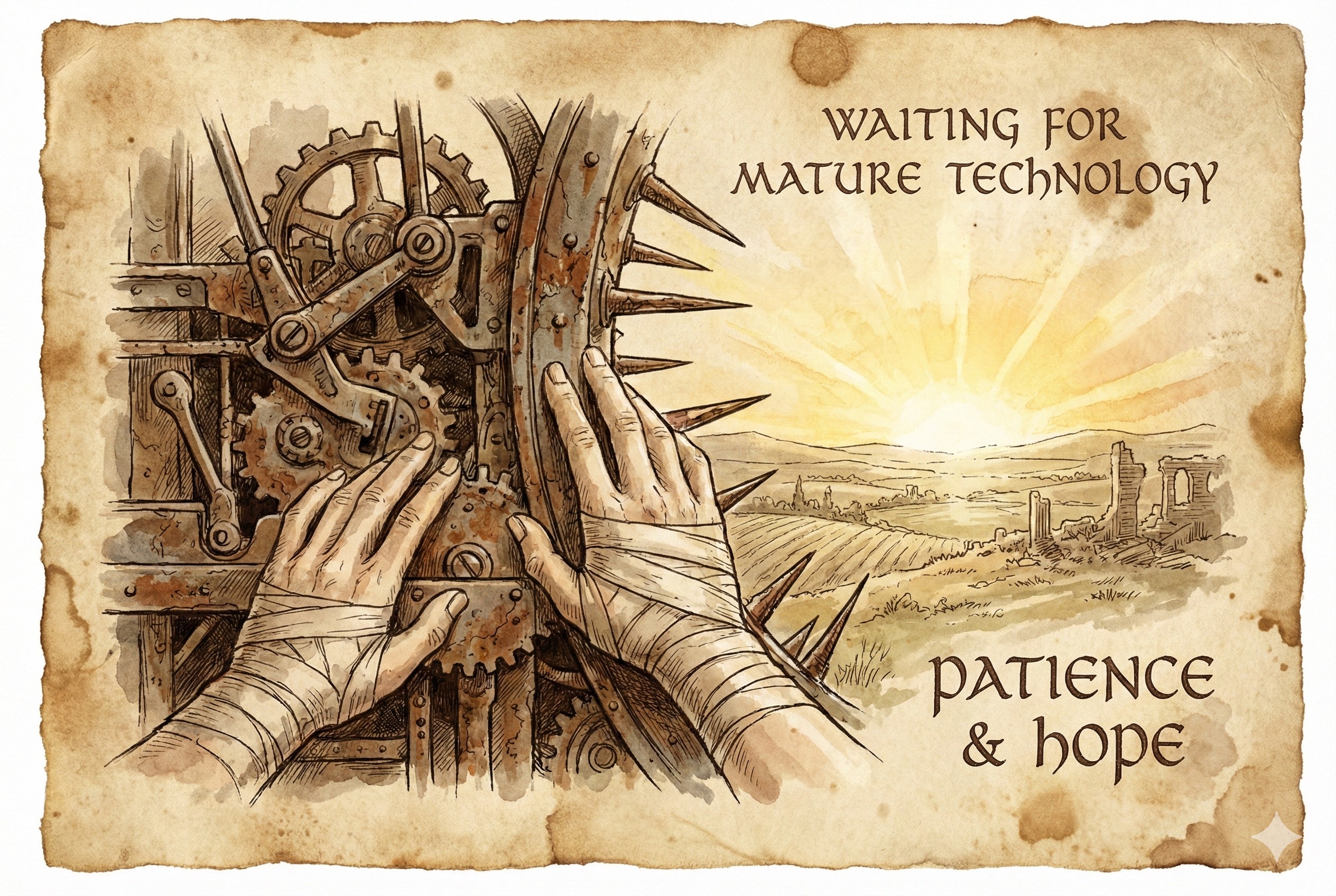 一双手小心翼翼地推开危险的机械装置，望向远处黎明的曙光，象征着等待更成熟的技术到来，羊皮纸，钢笔彩色手绘的统一风格。