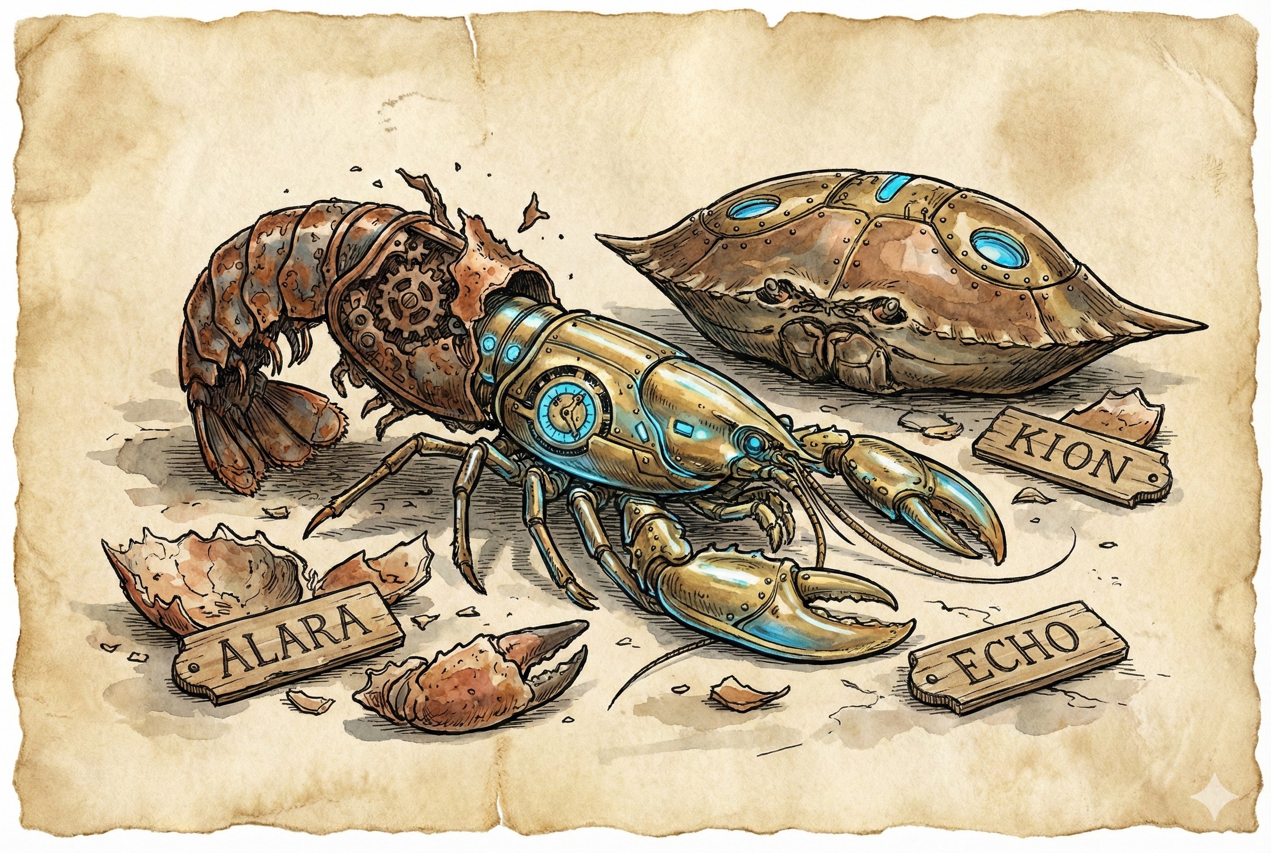 地上散落着三个写有不同名字的旧名牌和破碎的蟹壳，一只正在蜕变的机械龙虾正爬向新的外壳，羊皮纸，钢笔彩色手绘的统一风格。