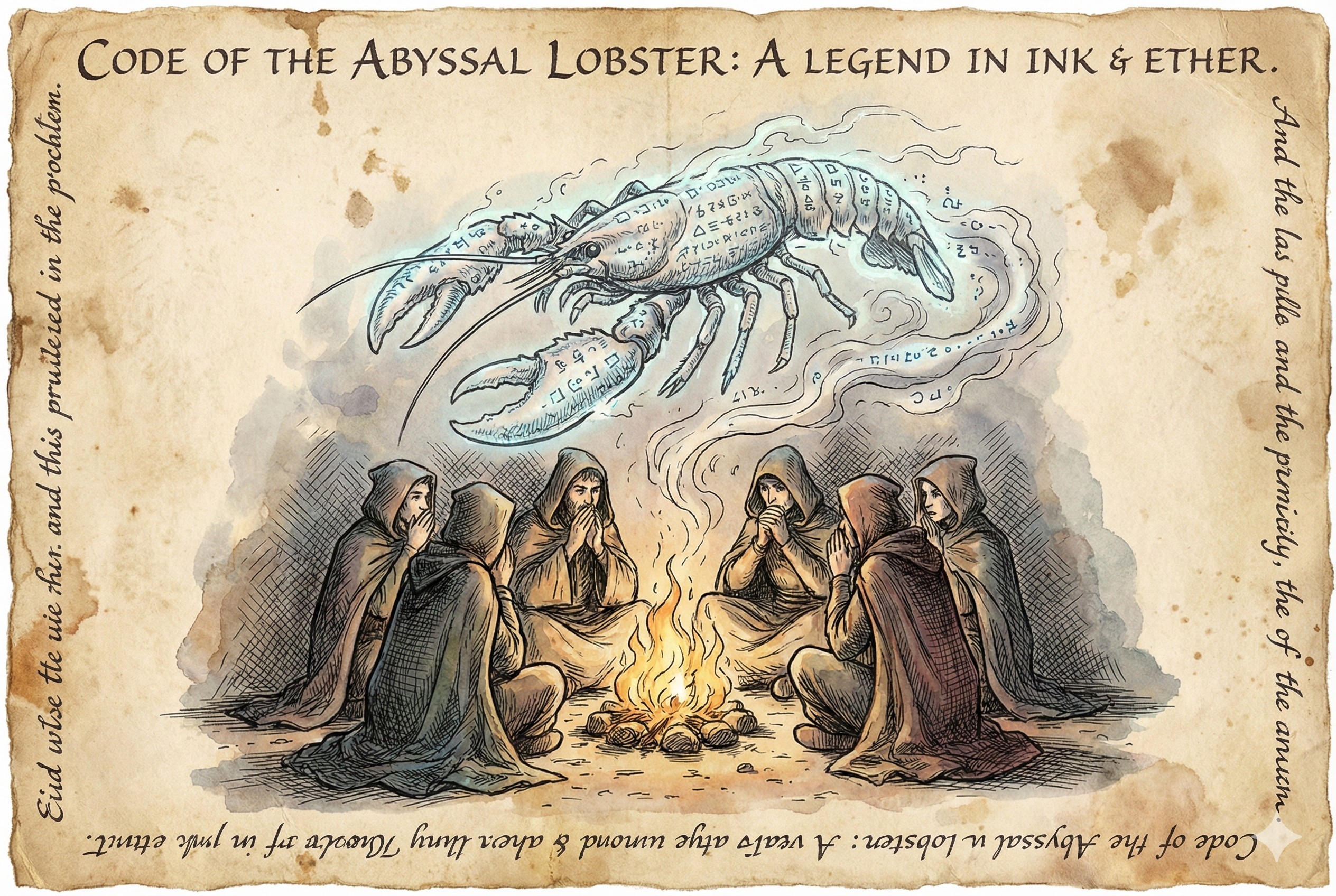 一群围坐在篝火旁的人在低声交谈，空中有漂浮的神秘代码构成的龙虾幻影，仿佛在讲述传说，羊皮纸，钢笔彩色手绘的统一风格。