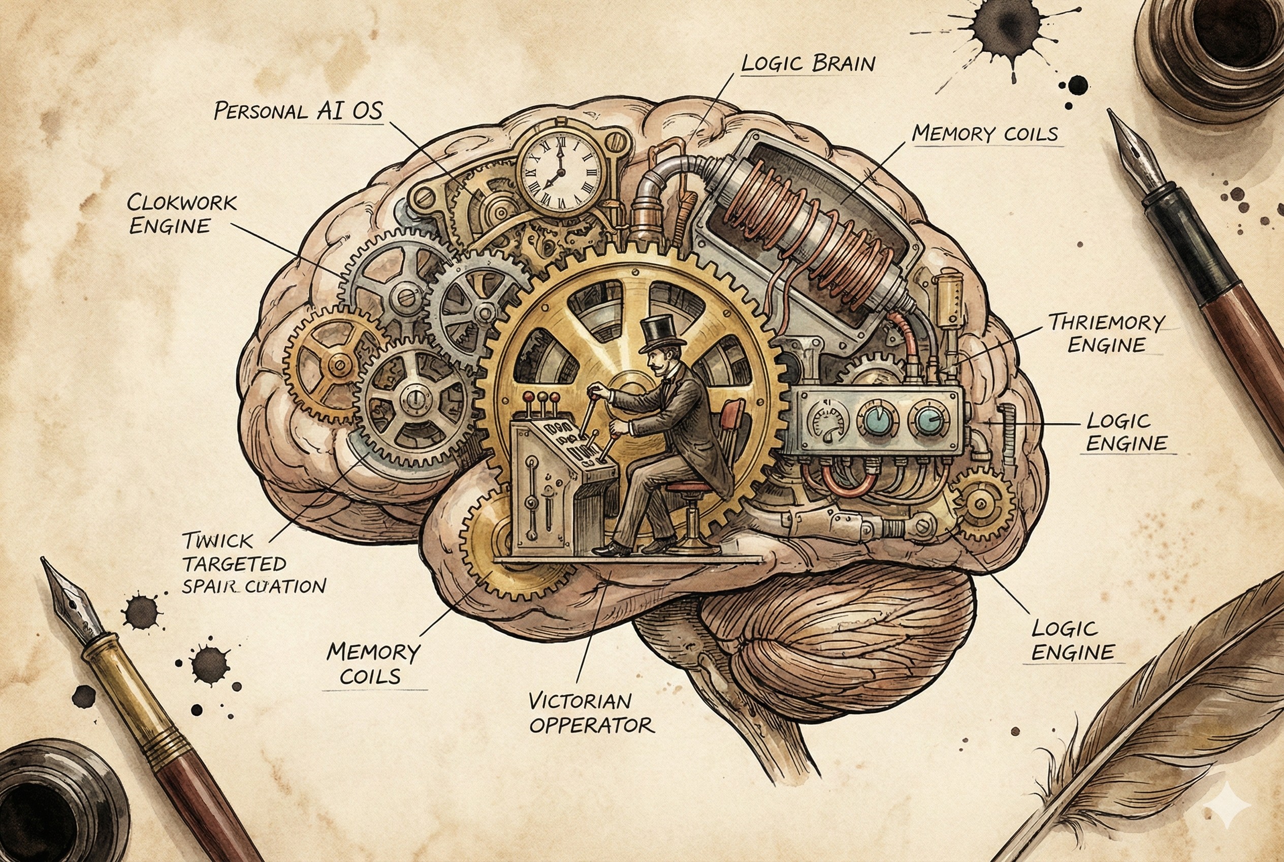 一个复杂的机械大脑解剖图，中心齿轮处坐着一个小小的操作员在控制全局，象征个人AI操作系统，羊皮纸，钢笔彩色手绘的统一风格。