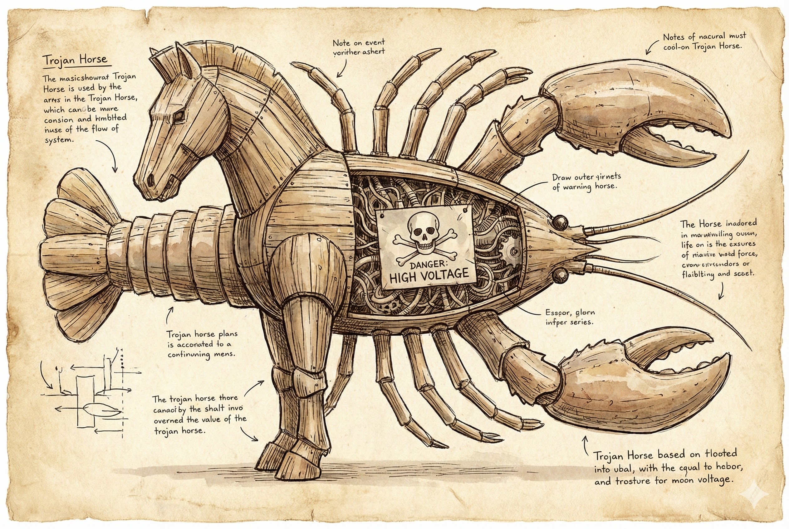 一个巨大的木马，外形是龙虾形状，腹部打开露出复杂的电线和骷髅警告标志，羊皮纸，钢笔彩色手绘的统一风格。