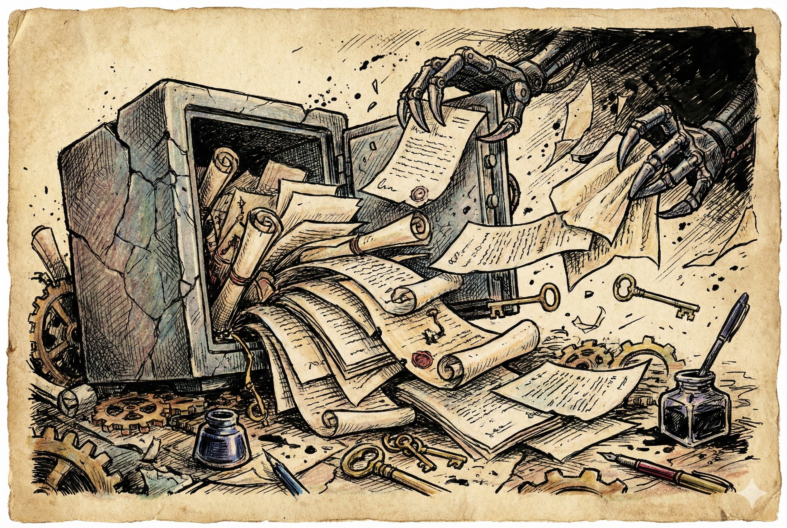  一个破碎的保险箱，文件和密钥像流水一样泄露出来，被黑暗中的机械爪抓走，散落一地，羊皮纸，钢笔彩色手绘的统一风格。