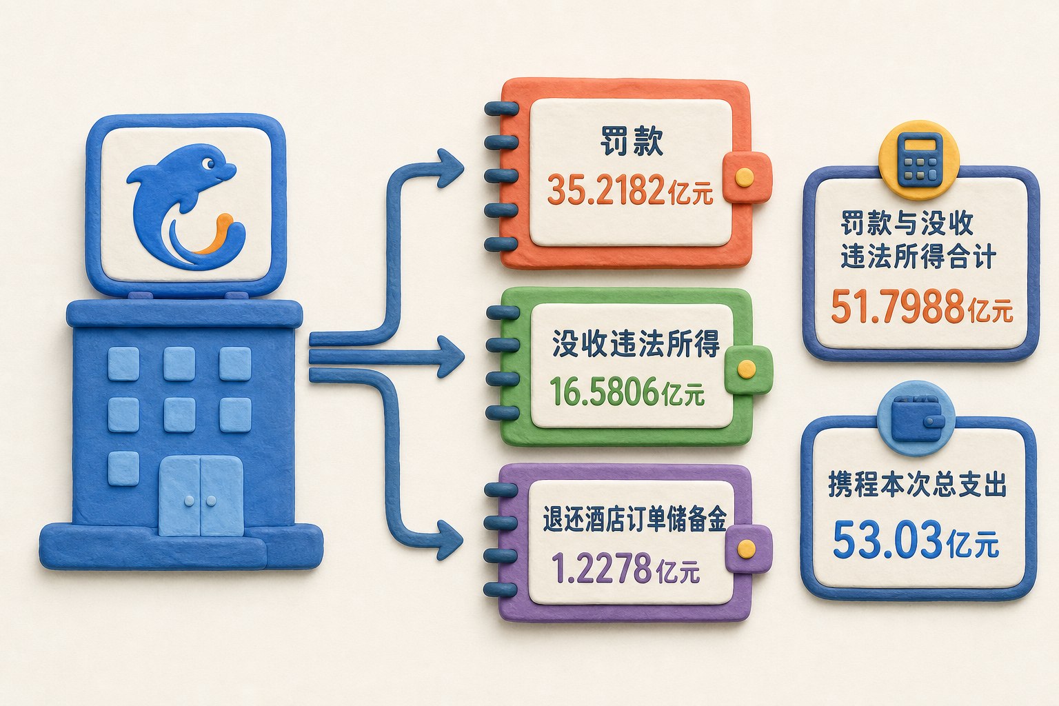 横向处罚构成信息图，左侧为携程平台，右侧分成罚款、没收违法所得、退还酒店订单储备金三只账本容器，数据：罚款｜金额=35.2182亿元；没收违法所得｜金额=16.5806亿元；酒店订单储备金｜退还金额=1.2278亿元；罚款与没收违法所得｜合计=51.7988亿元；携程本次总支出｜金额=53.03亿元，只显示以上文字与数据，不补充其他数字、日期、比例、排名或因果关系，浅色背景的商业评论版橡皮泥平面信息图的统一风格。