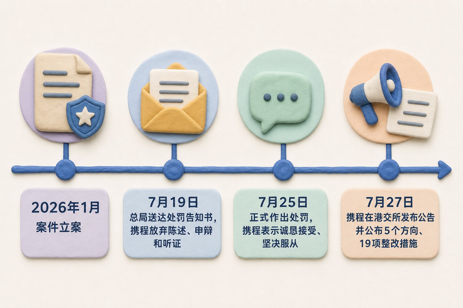 从左到右的行政处罚时间轴，监管文件、携程回应和港交所公告依次落在节点上，节点：2026年1月｜案件立案；7月19日｜总局送达处罚告知书，携程放弃陈述、申辩和听证；7月25日｜正式作出处罚，携程表示诚恳接受、坚决服从；7月27日｜携程在港交所发布公告并公布5个方向、19项整改措施，只显示以上文字与数据，不补充其他数字、日期、比例、排名或因果关系，浅色背景的商业评论版橡皮泥平面信息图的统一风格。