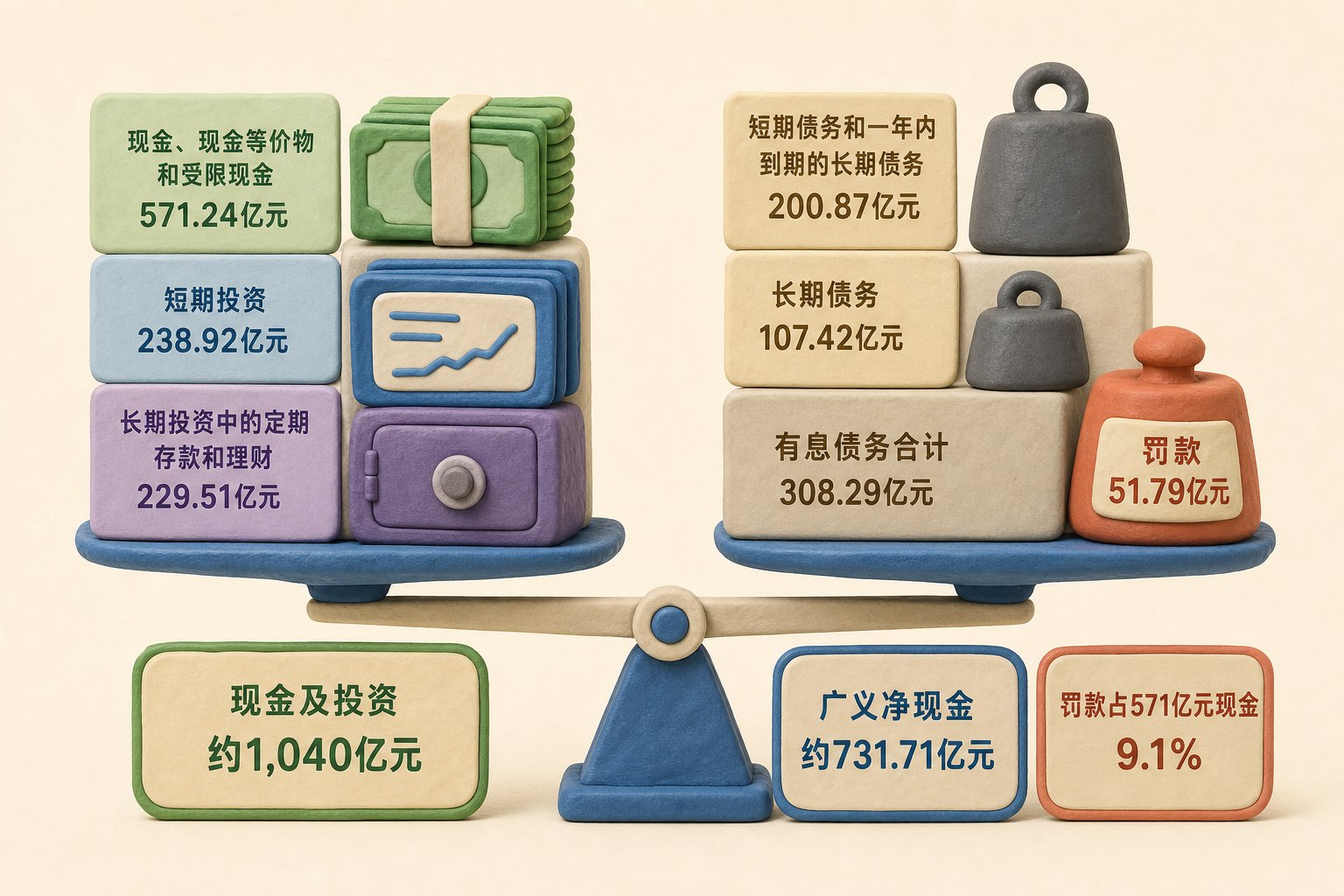 携程资产负债天平信息图，左侧堆放现金与投资，右侧放置有息债务和罚款砝码，数据：现金、现金等价物和受限现金｜金额=571.24亿元；短期投资｜金额=238.92亿元；长期投资中的定期存款和理财｜金额=229.51亿元；现金及投资｜金额约=1,040亿元；短期债务和一年内到期的长期债务｜金额=200.87亿元；长期债务｜金额=107.42亿元；有息债务合计｜金额=308.29亿元；广义净现金｜金额约=731.71亿元；罚款｜金额=51.79亿元；罚款占571亿元现金｜比例=9.1%，只显示以上文字与数据，不补充其他数字、日期、比例、排名或因果关系，浅色背景的商业评论版橡皮泥平面信息图的统一风格。