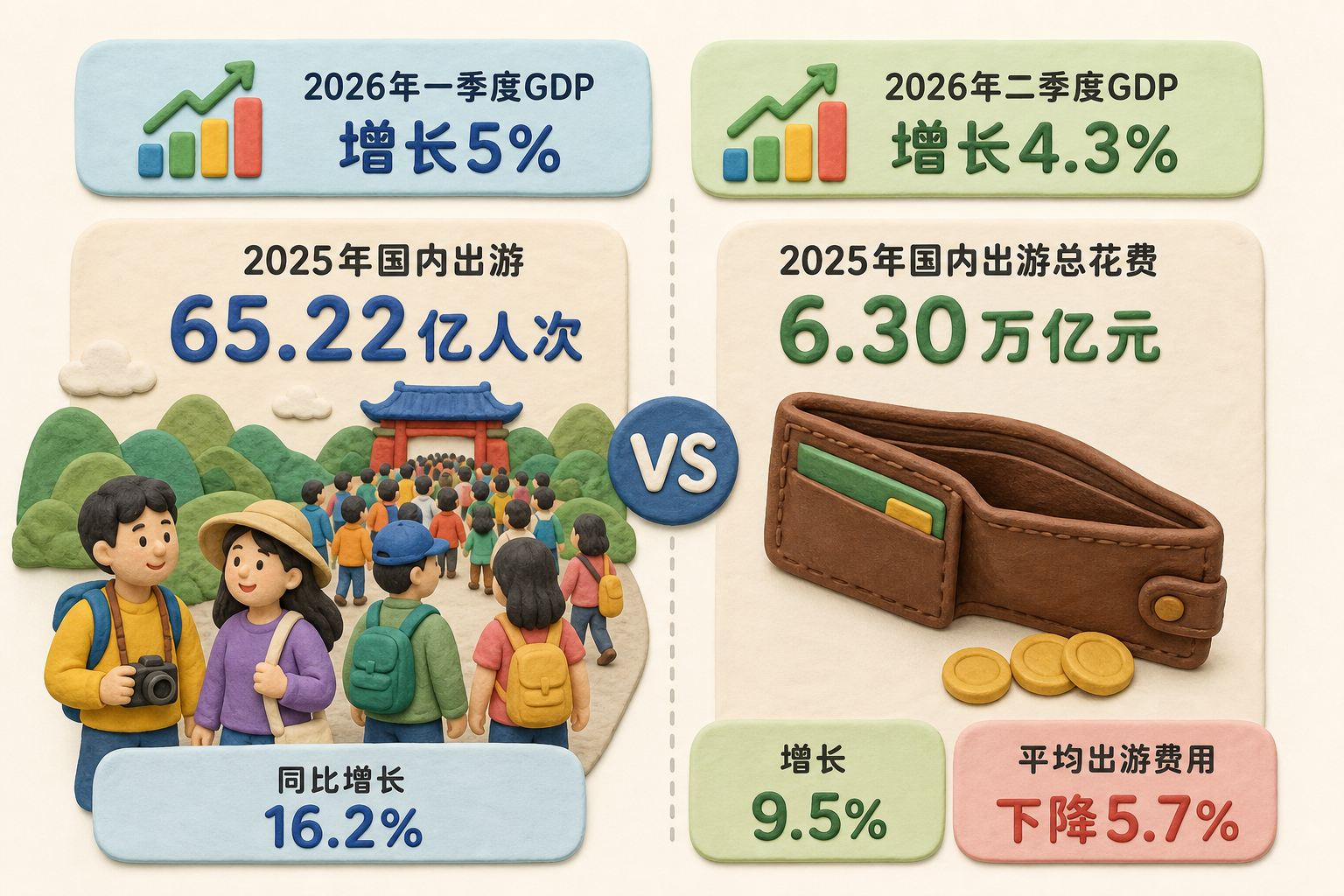 旅游市场人流与消费金额的对照信息图，左侧景区人群增多，右侧每位游客的钱包变薄，数据：2026年二季度GDP｜增长=4.3%；2026年一季度GDP｜增长=5%；2025年国内出游｜人次=65.22亿人次；2025年国内出游｜同比增长=16.2%；2025年国内出游总花费｜金额=6.30万亿元；2025年国内出游总花费｜增长=9.5%；平均出游费用｜下降=5.7%，只显示以上文字与数据，不补充其他数字、日期、比例、排名或因果关系，浅色背景的商业评论版橡皮泥平面信息图的统一风格。