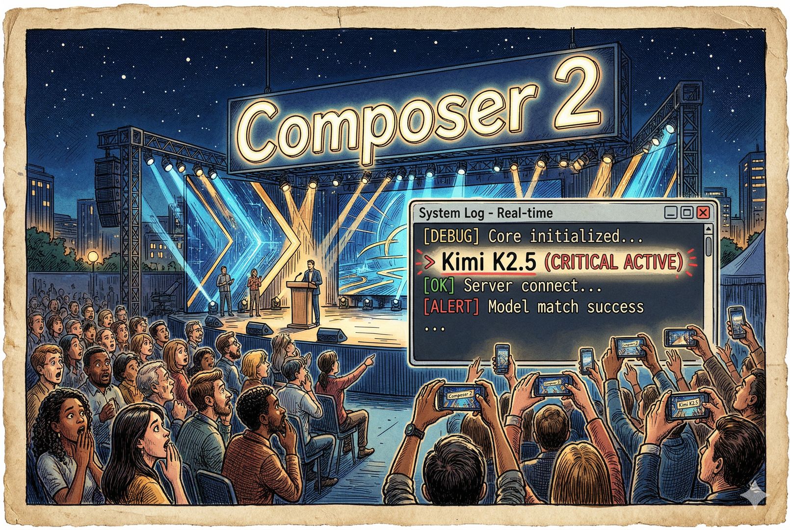 夜色中的科技发布会舞台中央悬着“Composer 2”发光招牌，前景是被放大的终端日志窗口里突然露出“Kimi K2.5”字样，观众席一半惊讶一半举起手机拍照，羊皮纸，钢笔彩色手绘的统一风格。