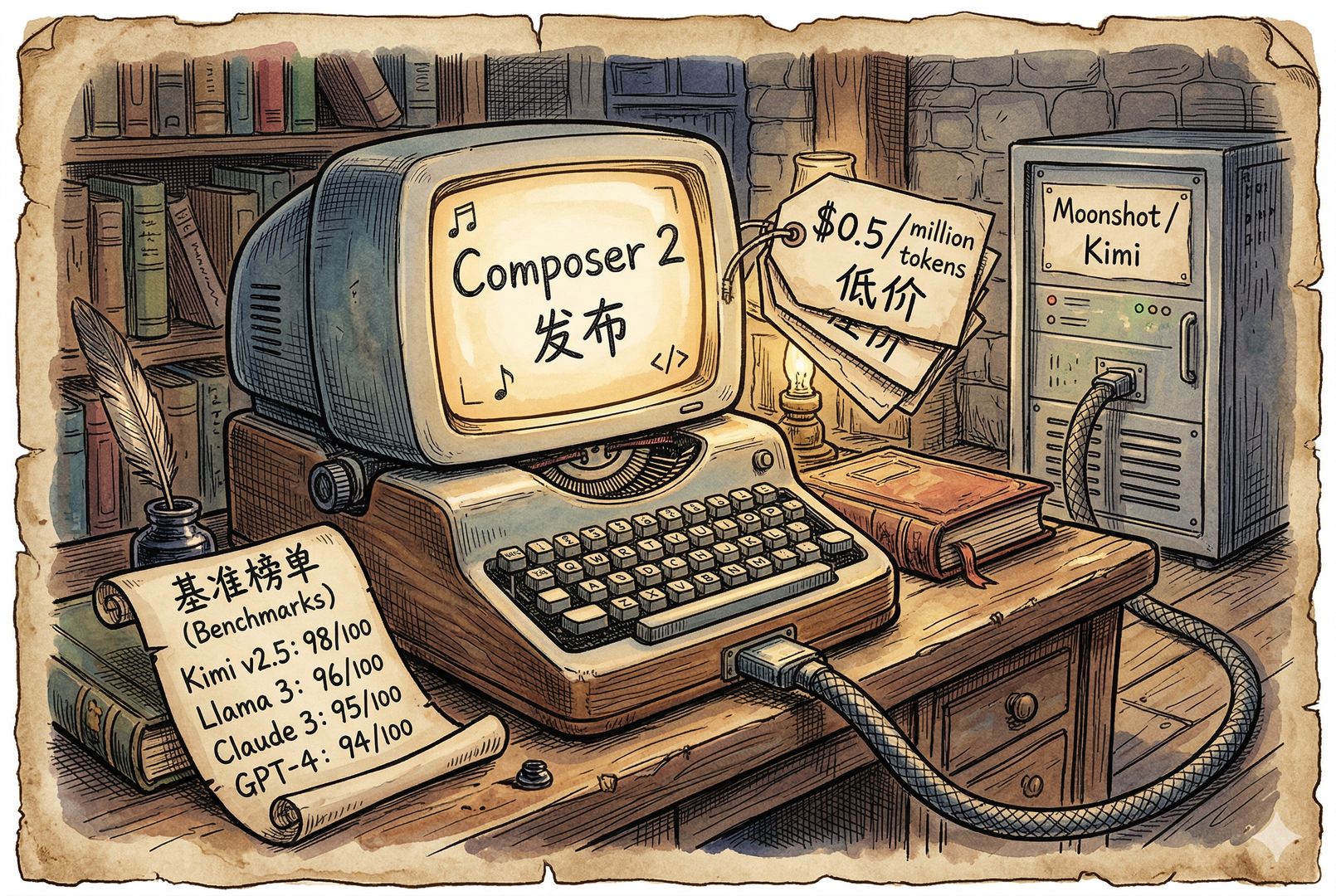 一台复古打字机般的电脑屏幕上显示“Composer 2 发布”，旁边堆着低价标签“$0.5 / million tokens”和高分基准榜单，屏幕下方一根数据线悄悄连向写着“Moonshot / Kimi”的服务器机柜，羊皮纸，钢笔彩色手绘的统一风格。