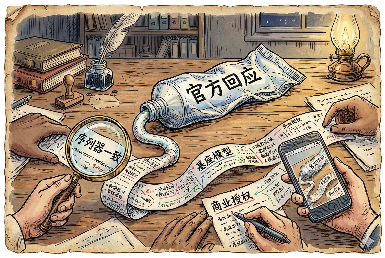 一支挤到变形的牙膏管上写着“官方回应”，挤出来的不是牙膏而是一条条证据纸条：序列器一致、基座模型、商业授权，桌边几只手正举着放大镜和截图，羊皮纸，钢笔彩色手绘的统一风格。