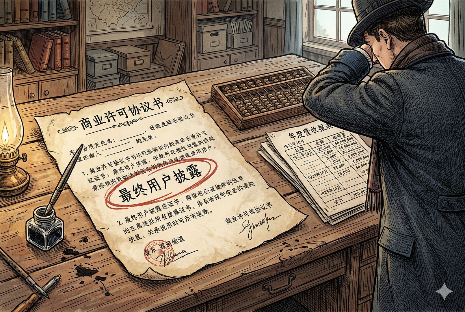 一张摊开的许可证文书放在木桌上，关键条款被红墨水圈出“最终用户披露”，旁边是算盘、营收报表和一个试图用袖子遮住数字的公司高管背影，羊皮纸，钢笔彩色手绘的统一风格。