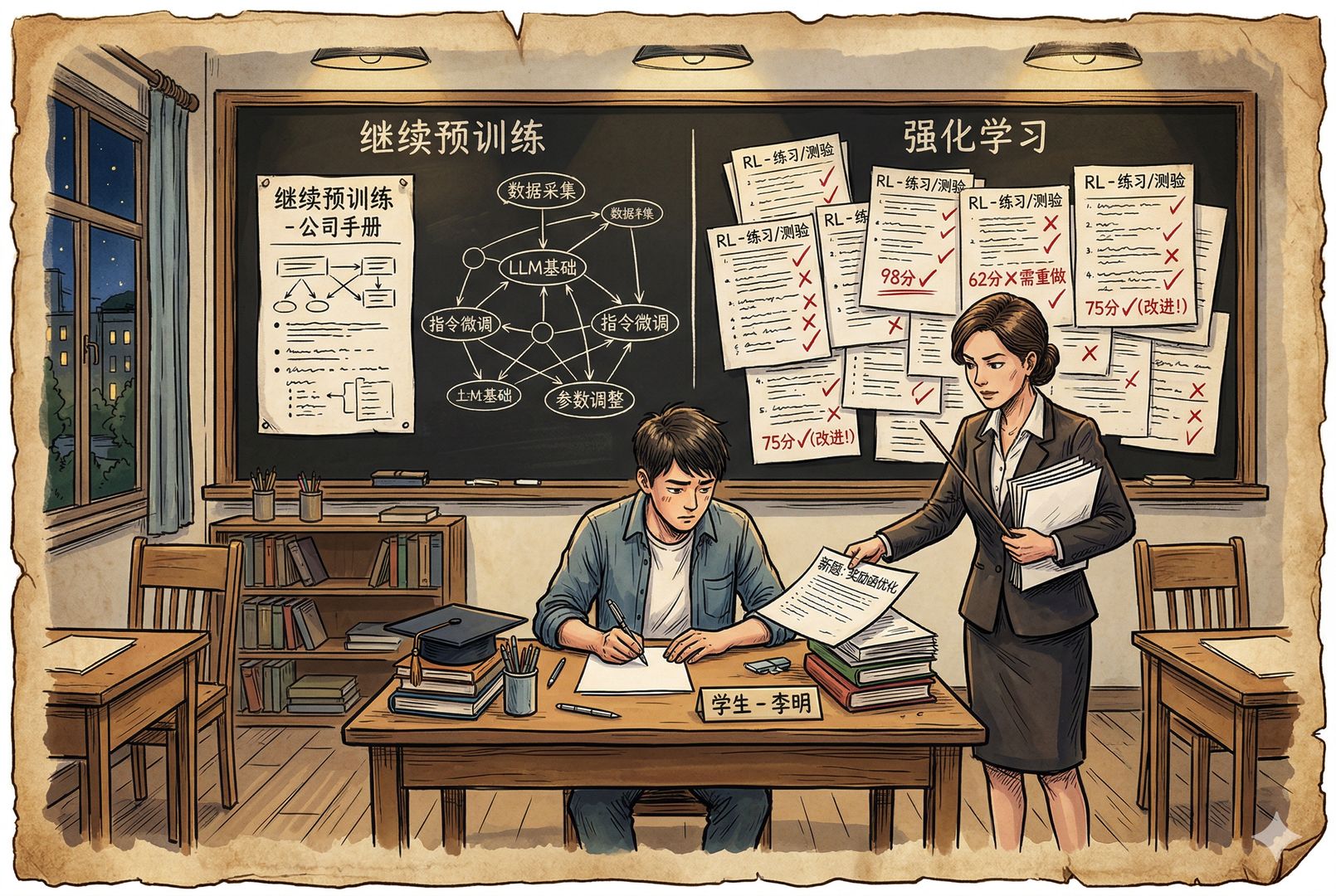 一间训练教室里，一位刚毕业的年轻学生坐在课桌前，黑板左边是“继续预训练”的公司手册和知识图谱，右边是“强化学习”的一叠又一叠打钩打叉的试卷，老师不断发新题，羊皮纸，钢笔彩色手绘的统一风格。