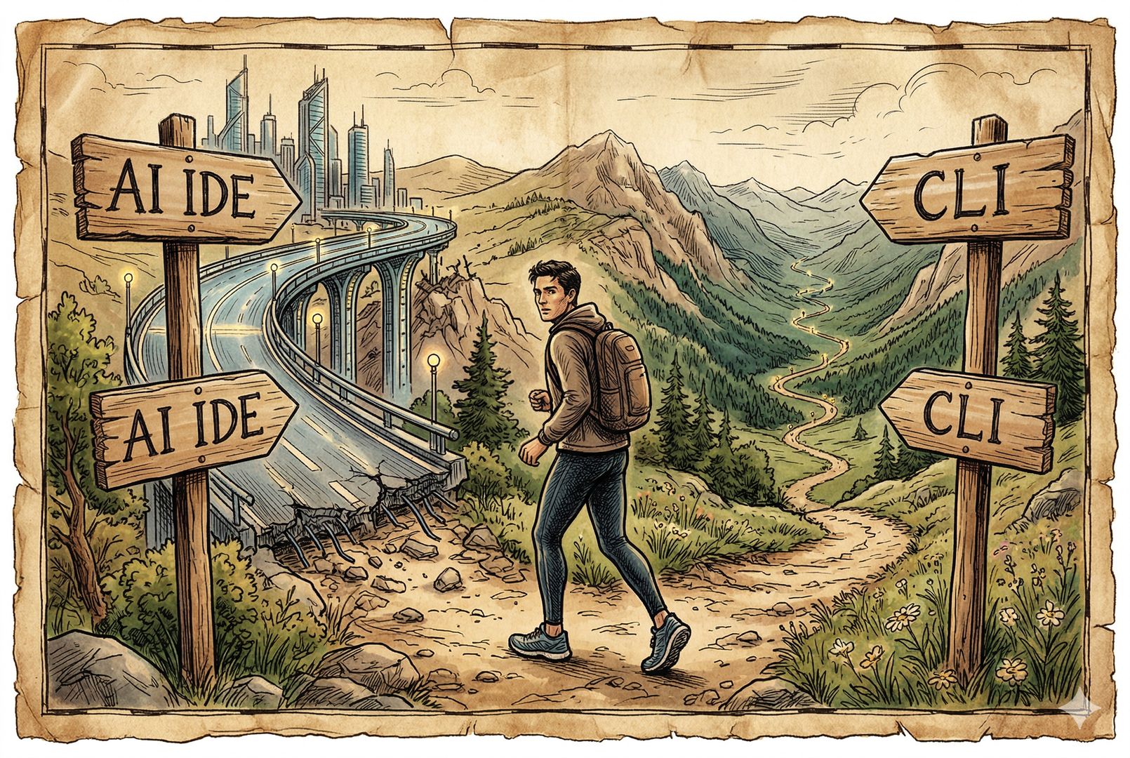 一条岔路口上立着两块木牌，一边写“AI IDE”通向华丽但尽头断开的高架路，另一边写“CLI”通向朴素却延伸到远方的山谷小径，领跑者站在路口回头张望，羊皮纸，钢笔彩色手绘的统一风格。