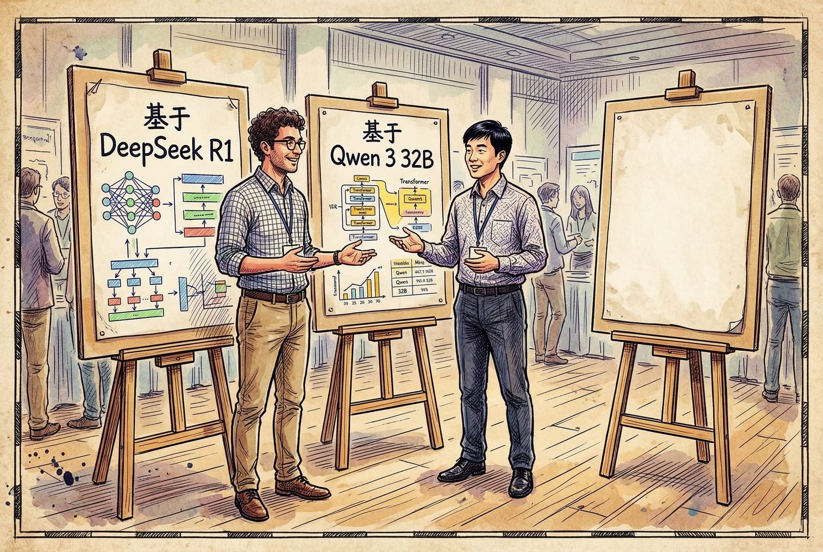 两张并排展示的模型说明海报，左边写着“基于 DeepSeek R1”，右边写着“基于 Qwen 3 32B”，两位工程师坦然站在作品旁介绍，和另一侧一块空白说明牌形成鲜明对比，羊皮纸，钢笔彩色手绘的统一风格。3:2