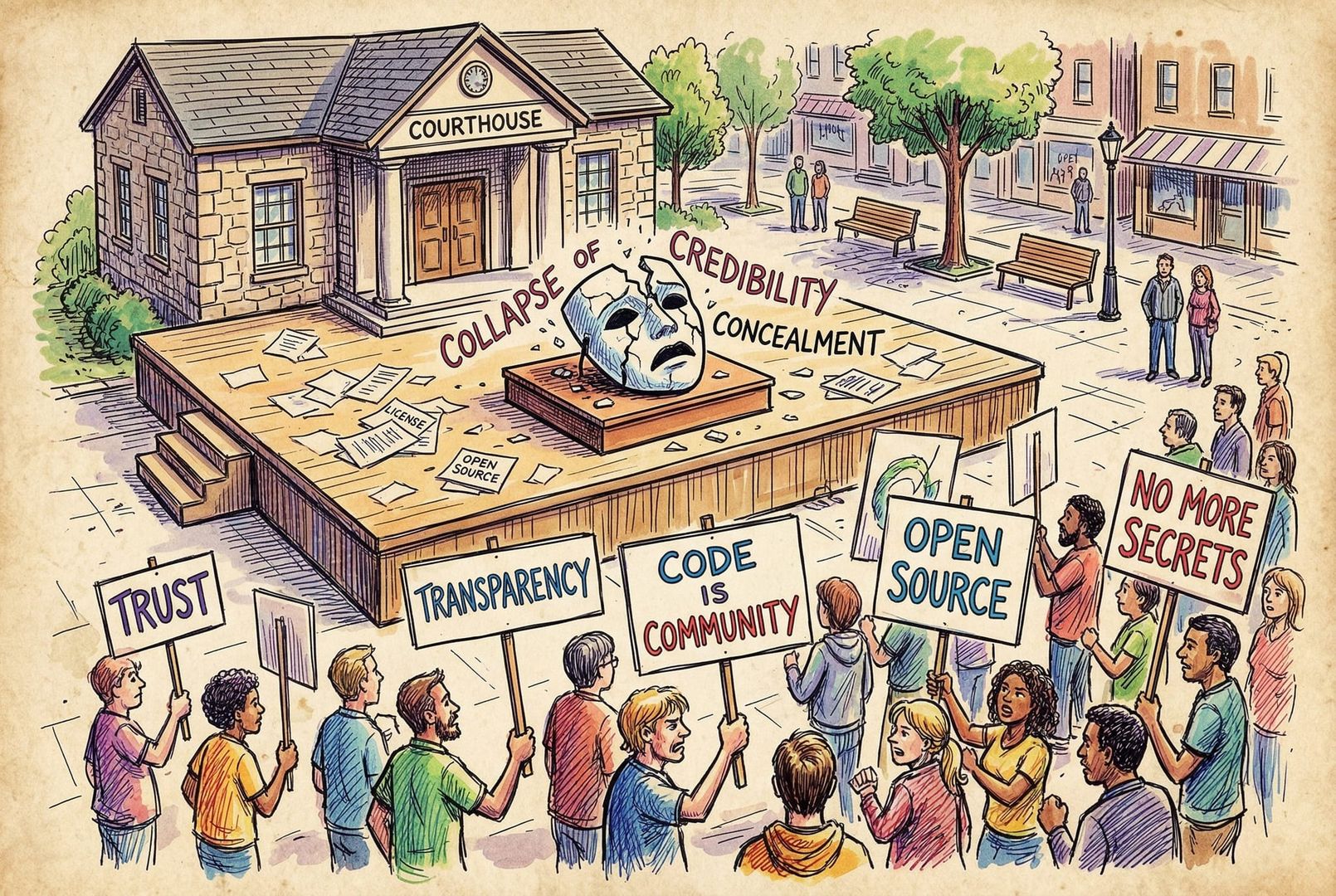 一座小型法庭与公众广场合二为一的场景，台上摊着合同与开源协议，台下是一群开发者高举“信任”“透明”的牌子，中央一只裂开的面具象征隐瞒后的信誉崩塌，羊皮纸，钢笔彩色手绘的统一风格。