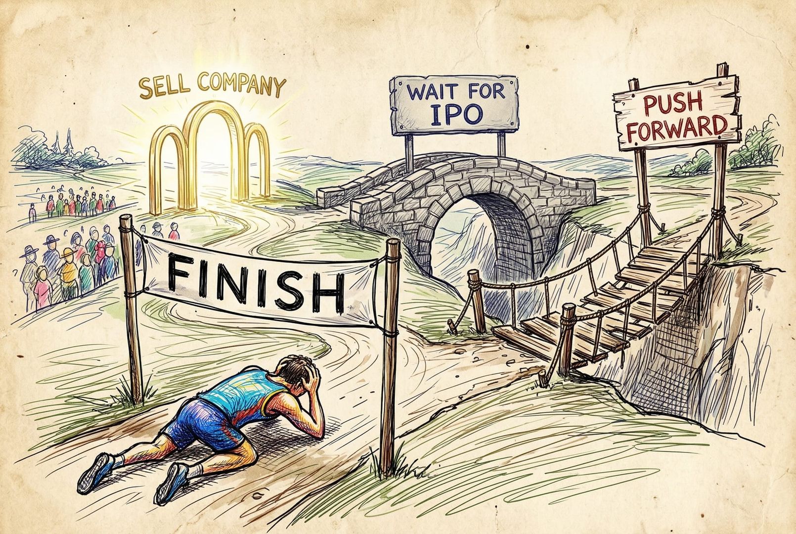 一位领跑者站在终点前忽然发现赛道前方塌陷，面前浮现三扇路门：左边是“卖公司”的金色城门，中间是“低调熬上市”的狭长石桥，右边是“硬撑前行”的碎裂独木桥，远处观众与投资人都在注视，羊皮纸，钢笔彩色手绘的统一风格。