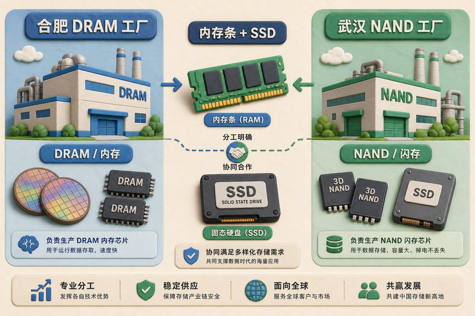 合肥DRAM工厂与武汉NAND工厂左右对照,中间用内存条和SSD硬盘图标连接,展示两家公司产品分工,浅色背景的商业评论版橡皮泥平面信息图的统一风格。