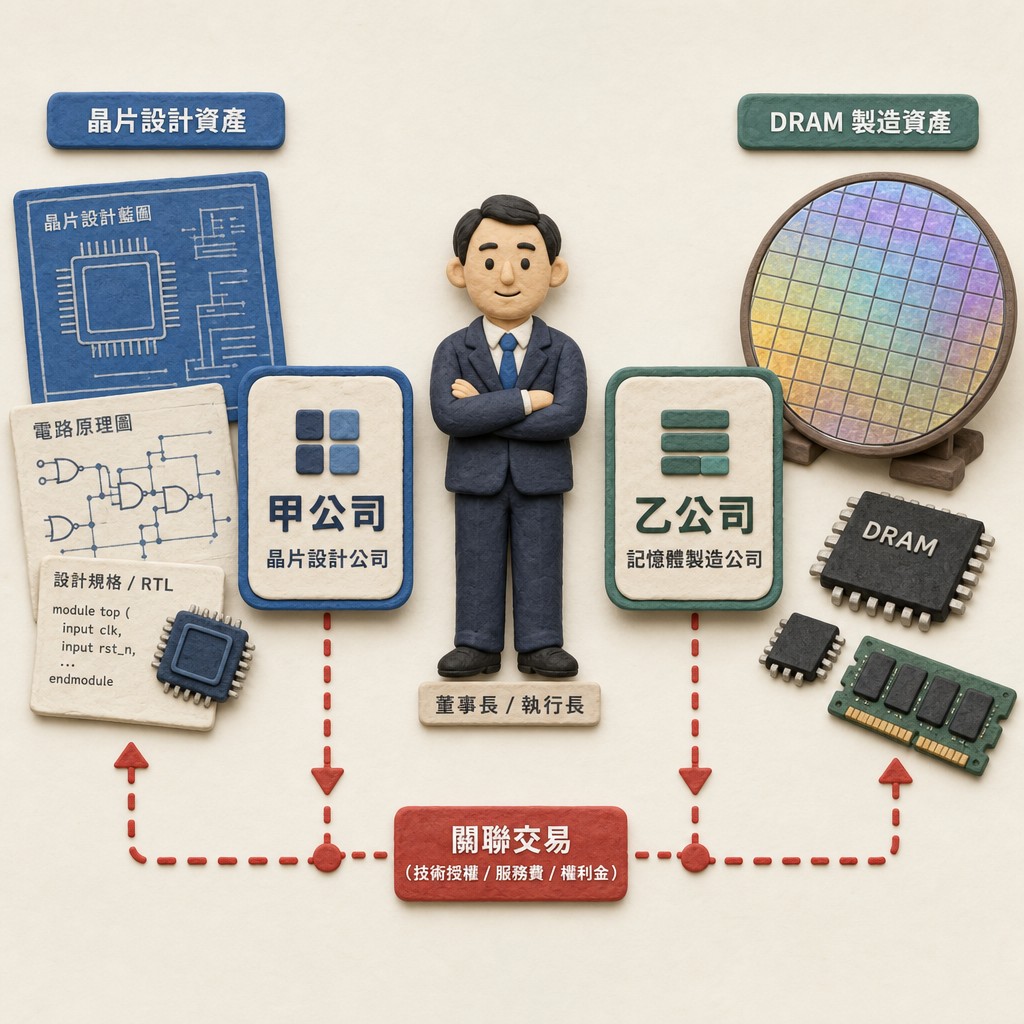 一个董事长人物站在两家公司牌匾之间,左右分别是芯片设计图纸和DRAM晶圆,底部用红色虚线标出关联交易路径,浅色背景的商业评论版橡皮泥平面信息图的统一风格。