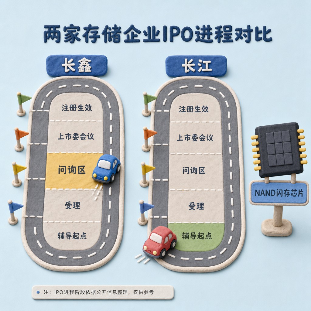 两条上市进度跑道并排展示,长鑫小车已经驶入问询区,长江小车刚从辅导起点出发,旁边放着NAND闪存芯片标识,浅色背景的商业评论版橡皮泥平面信息图的统一风格。