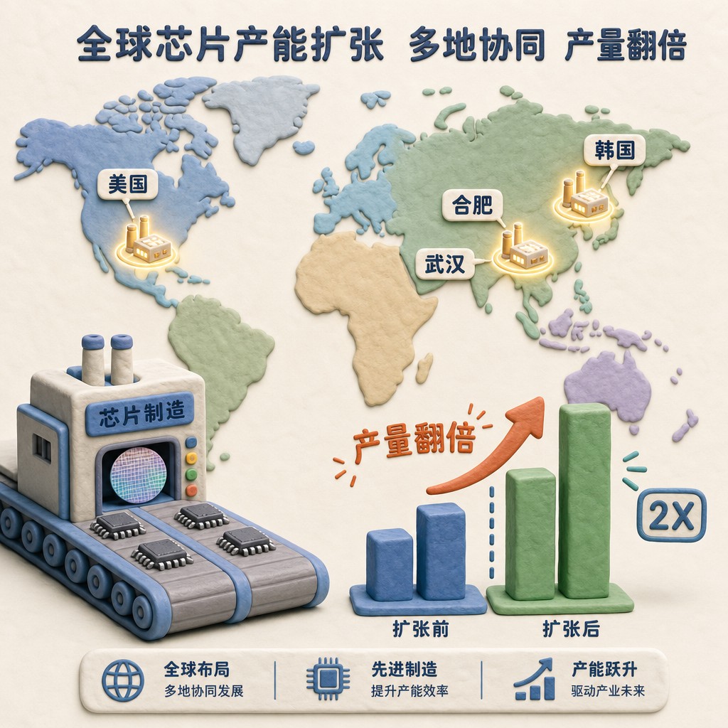 世界地图上韩国、美国、合肥和武汉同时亮起新晶圆厂图标,传送带上的芯片产量柱状图突然翻倍,浅色背景的商业评论版橡皮泥平面信息图的统一风格。