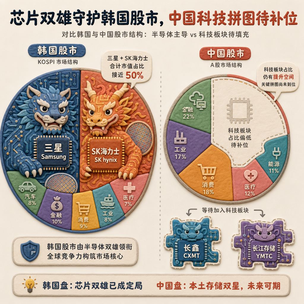 韩国股市大圆盘中三星和SK海力士两只芯片神兽占据近半面积,旁边中国股市圆盘等待长鑫和长江填入科技板块,浅色背景的商业评论版橡皮泥平面信息图的统一风格。3:2