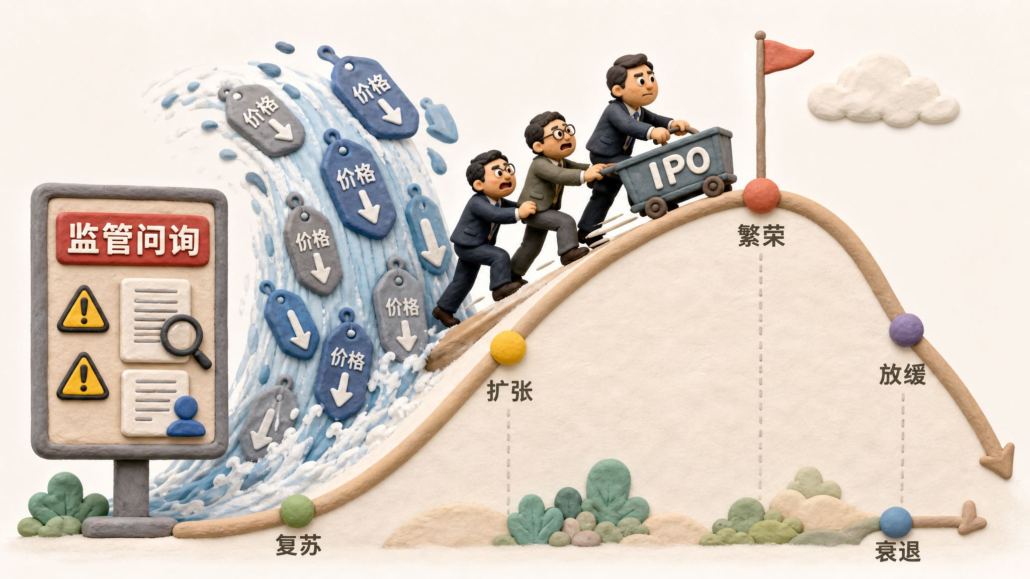 企业管理层推着IPO小车冲向周期曲线最高点,身后是正在下滑的价格瀑布和监管问询牌,浅色背景的商业评论版橡皮泥平面信息图的统一风格。