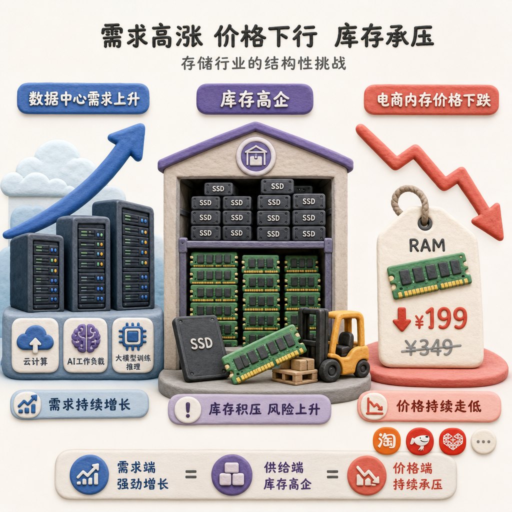 左侧是数据中心需求箭头向上,右侧是电商内存价格标签向下,中间一个库存仓库堆满SSD和内存条形成风险对比,浅色背景的商业评论版橡皮泥平面信息图的统一风格。