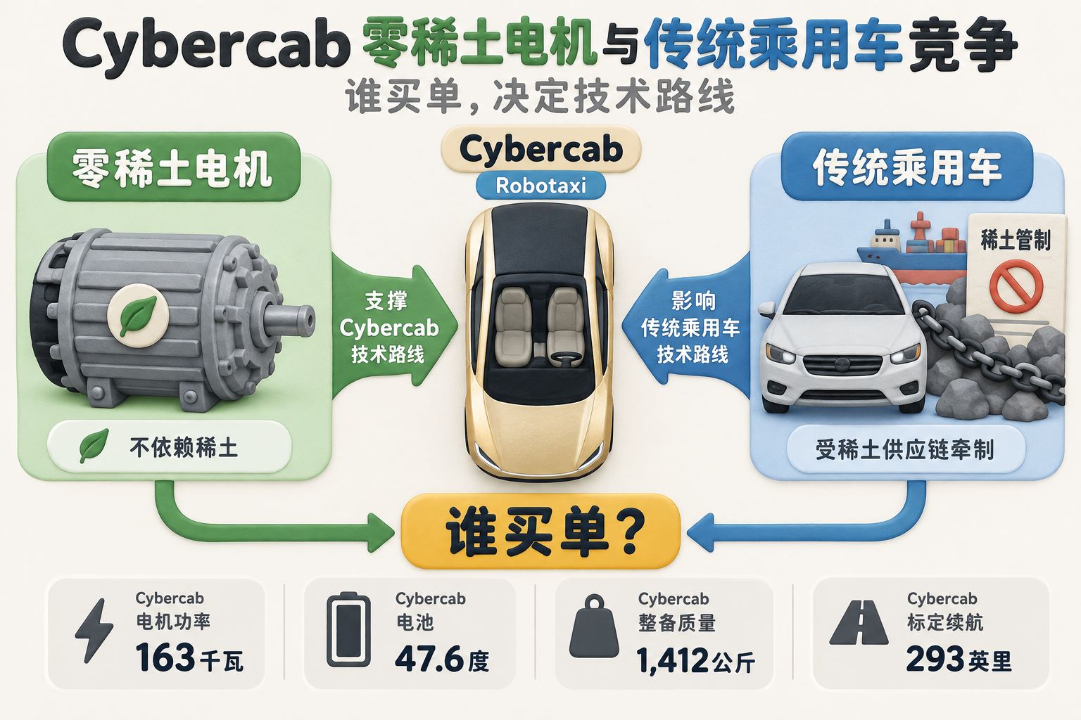 Cybercab零稀土电机与传统乘用车竞争的封面信息图，中央是Cybercab双座车俯视轮廓，左侧连接铁氧体电机，右侧连接被稀土供应链牵制的传统乘用车，箭头表现“谁买单”决定技术路线的关系；可见事实元素：Cybercab、零稀土电机、Robotaxi、稀土管制