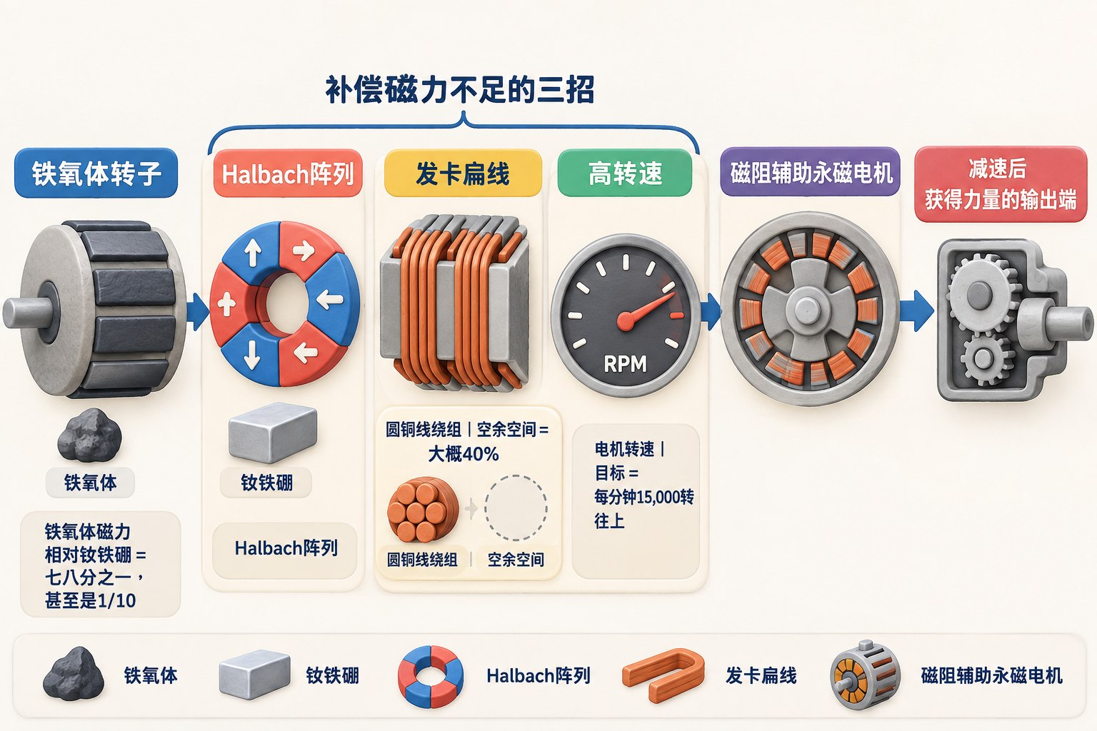 零稀土电机补偿磁力不足的三招横向拆解图，左侧为铁氧体转子，中部依次展示Halbach阵列、发卡扁线和高转速，右侧连接减速后获得力量的输出端；可见事实元素：铁氧体、钕铁硼、Halbach阵列、发卡扁线、磁阻辅助永磁电机