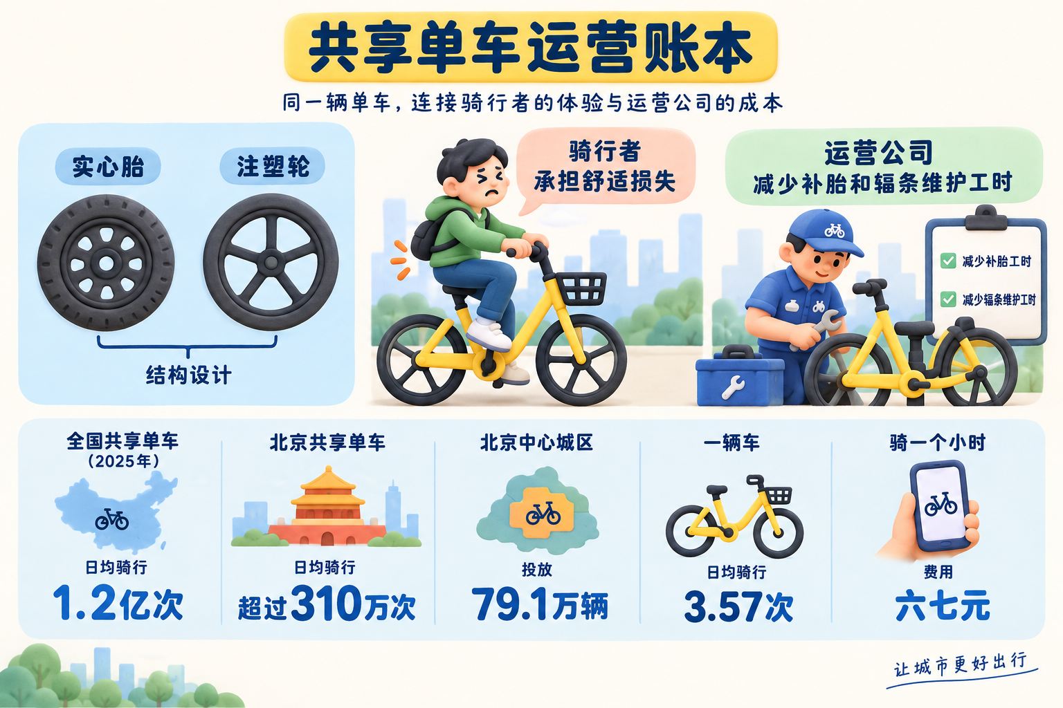 共享单车运营账本信息图，左侧是实心胎和注塑轮的结构图标，中部是骑行者承担舒适损失，右侧是运营公司减少补胎和辐条维护工时，下方排列全国与北京的运营数据；可见事实元素：共享单车、实心胎、注塑轮、运维成本、骑行者、运营公司