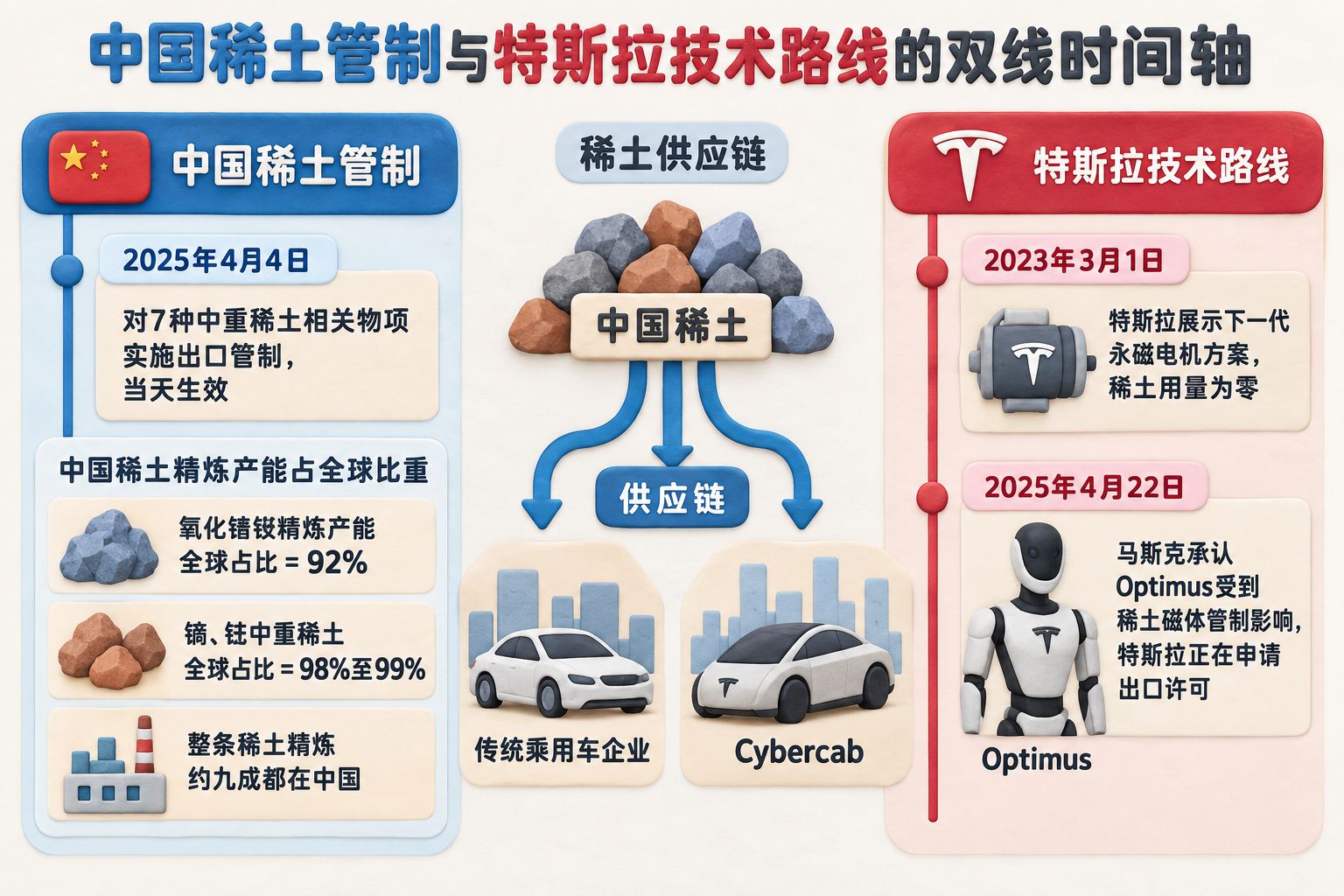 中国稀土管制与特斯拉技术路线的双线时间轴，左线标出出口管制节点，右线标出特斯拉零稀土电机方案和Optimus受影响节点，中间用供应链箭头连接传统车企与Cybercab；可见事实元素：中国稀土管制、Cybercab、Optimus、传统乘用车企业