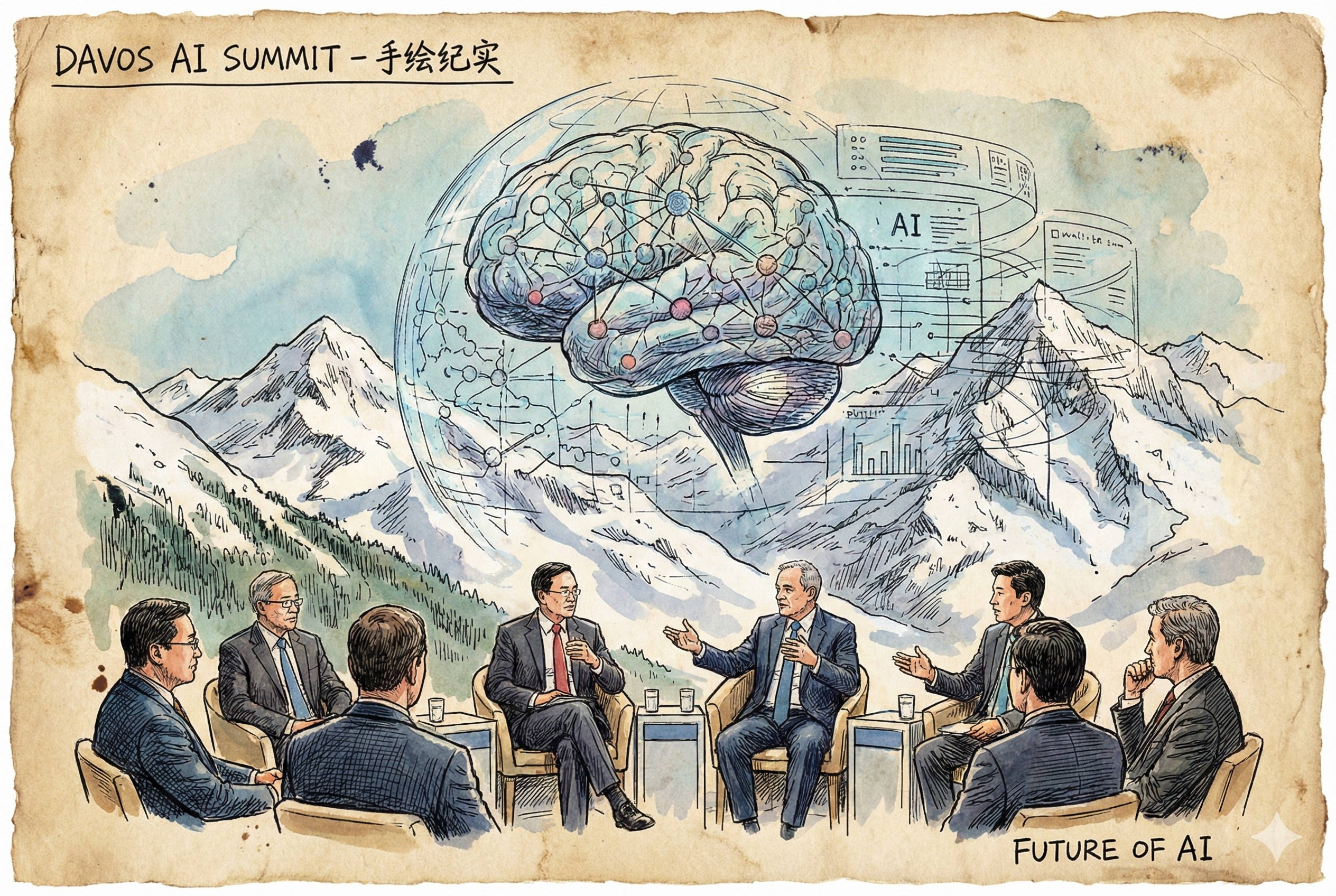 达沃斯雪山下的论坛会场，几位西装革履的科技巨头正在讨论，背景是巨大的半透明AI全息投影笼罩着山峰，羊皮纸，钢笔彩色手绘的统一风格。