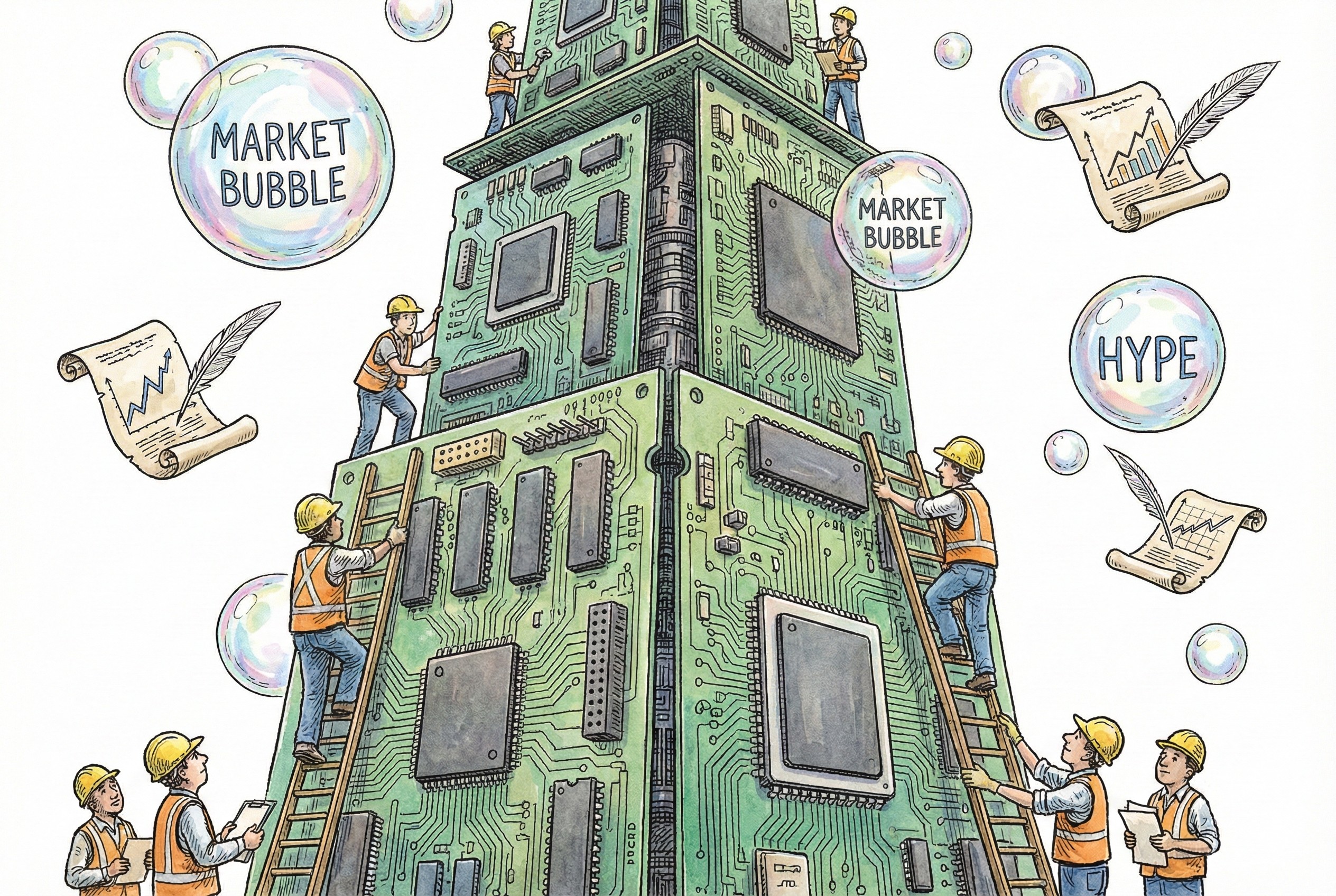 一群建筑工人在搭建由芯片构成的巨大高塔，周围漂浮着几个光鲜但脆弱的肥皂泡，代表市场泡沫，羊皮纸，钢笔彩色手绘的统一风格。