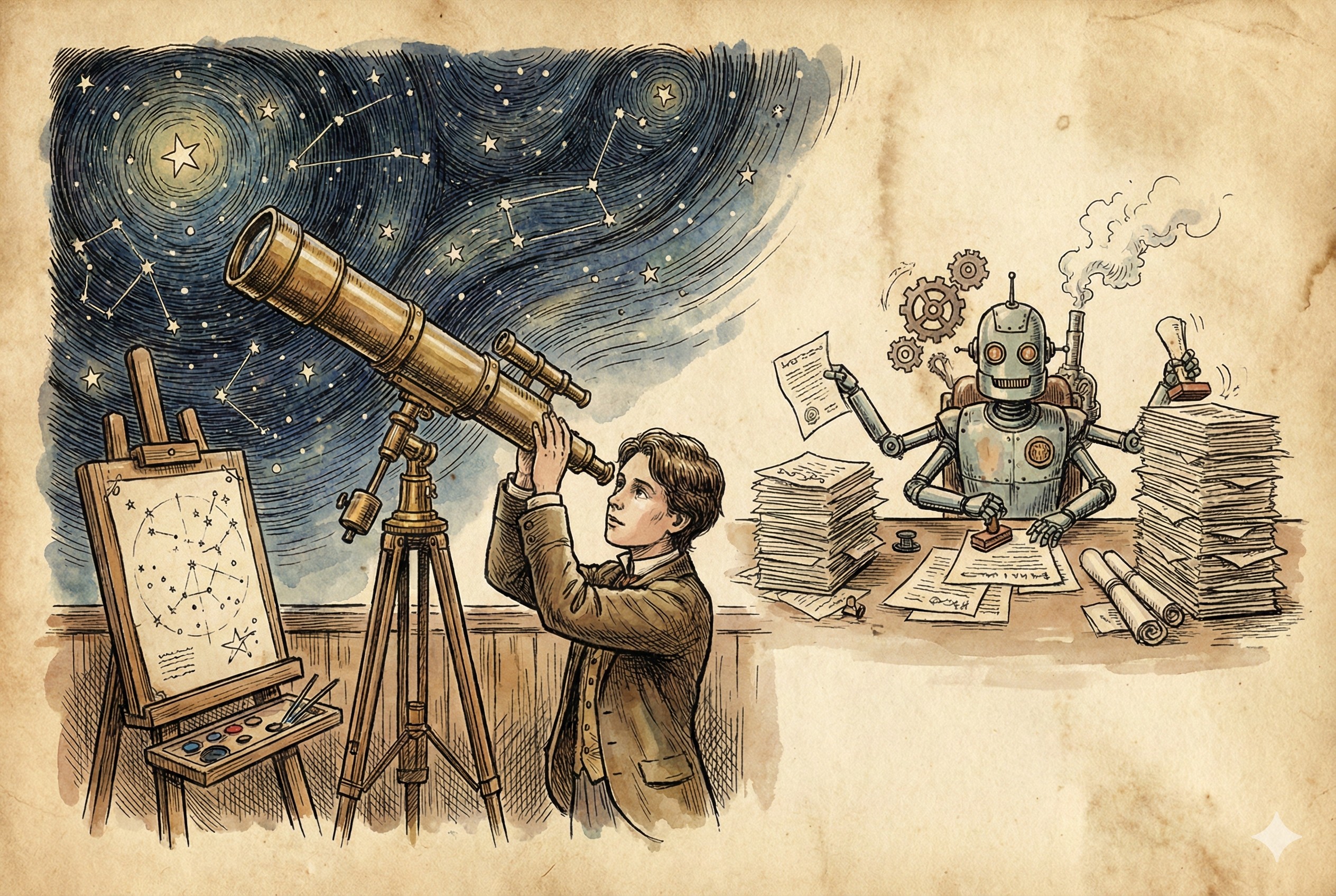 一个年轻人正在星空下通过望远镜观察宇宙，旁边放着画板，而远处一个机器人正在自动处理成堆的文件，羊皮纸，钢笔彩色手绘的统一风格。