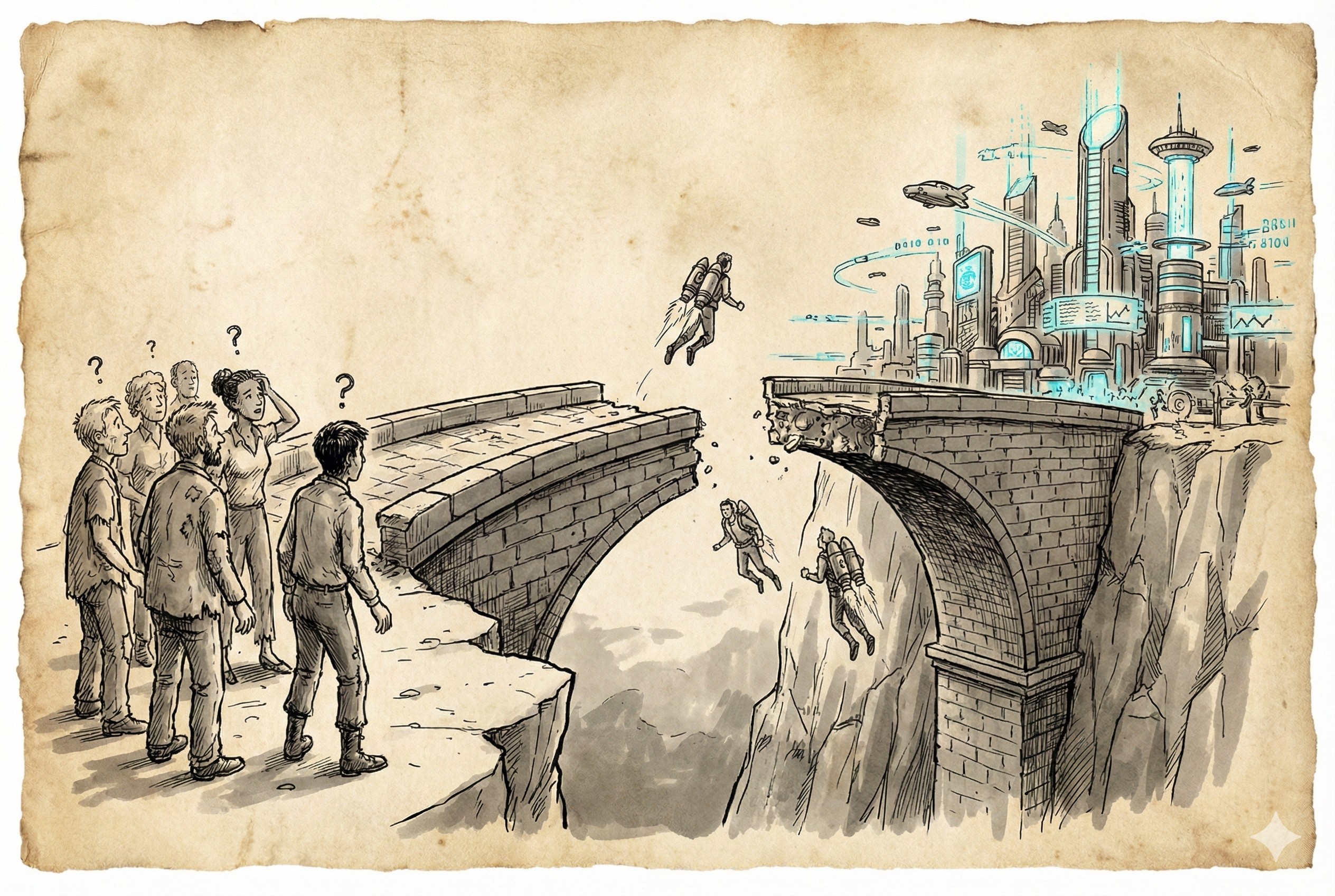 一座断裂的巨大石桥，一侧是迷茫的初级员工，另一侧是繁华的AI未来都市，中间是深渊，只有少数人背着火箭背包飞越，羊皮纸，钢笔彩色手绘的统一风格。