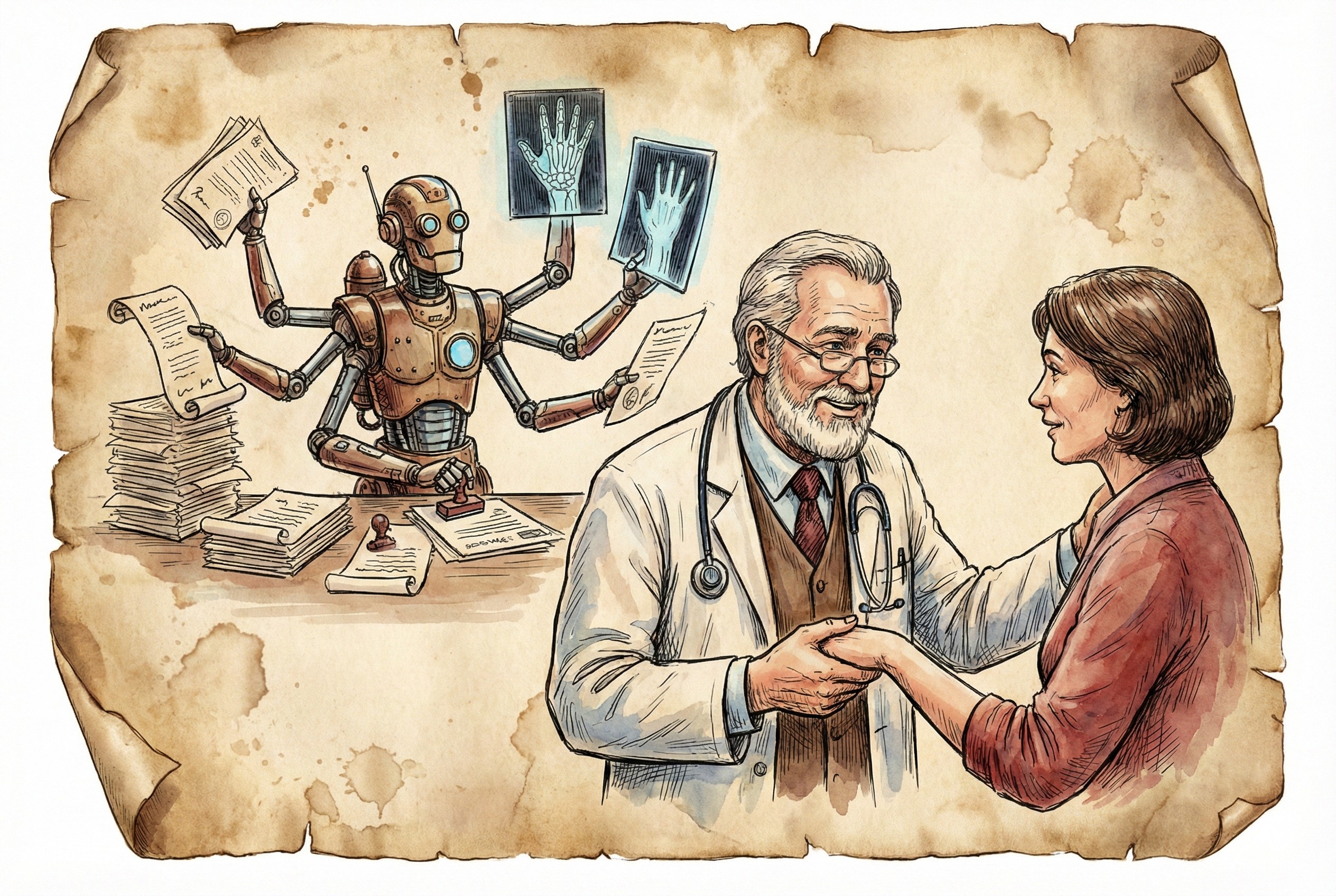 一位医生正在温暖地握着病人的手交谈，身后一台多臂机器人正在快速处理复杂的医疗文书和分析X光片，羊皮纸，钢笔彩色手绘的统一风格。