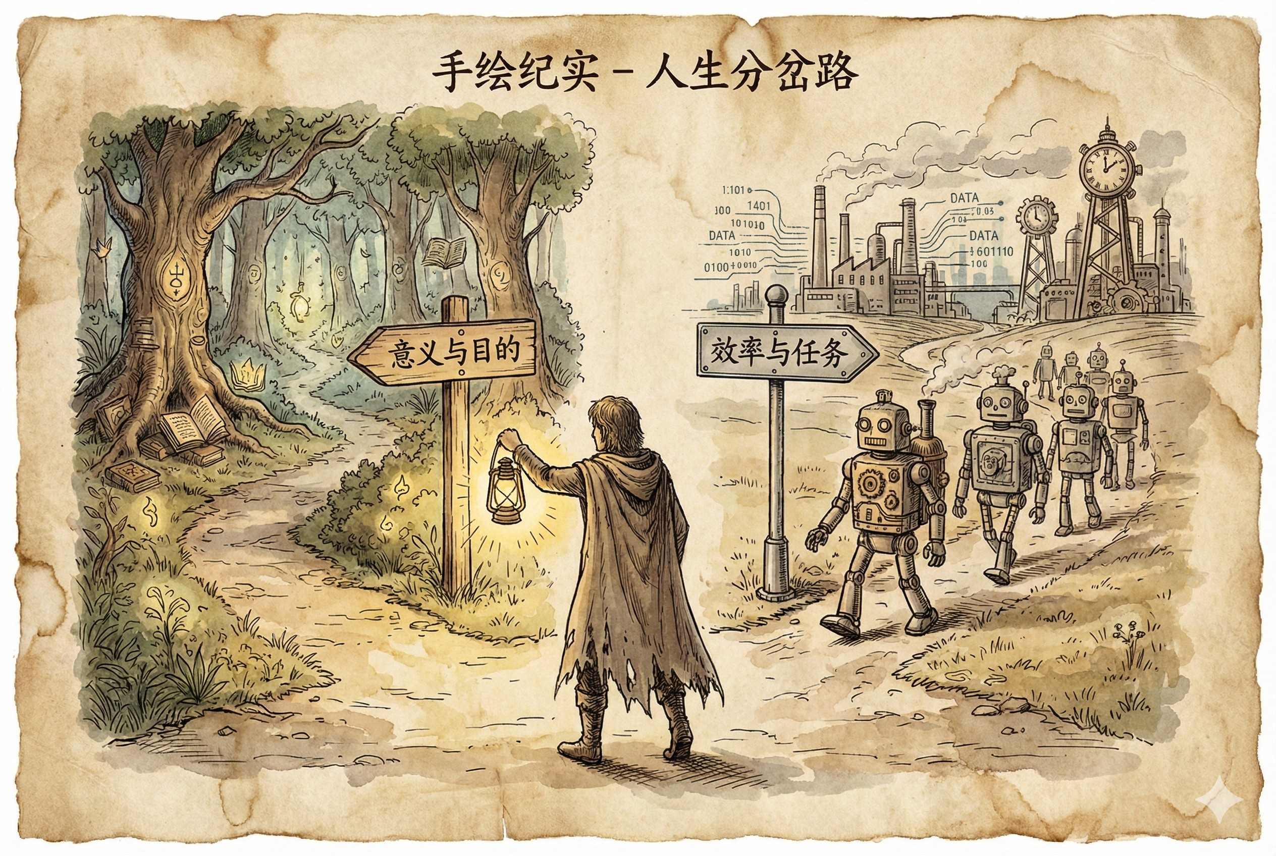 一个人类站在分岔路口，手持提灯照亮写着“意义与目的”的路牌，旁边一群机器人正走向写着“效率与任务”的路，羊皮纸，钢笔彩色手绘的统一风格。