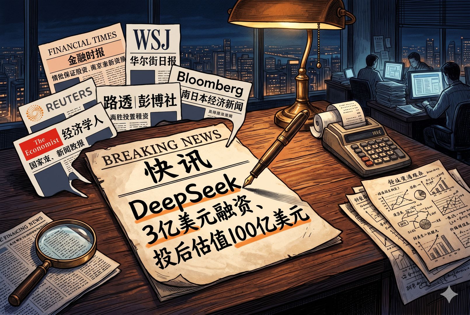 夜色中的金融新闻编辑部，一张写着“DeepSeek 3亿美元融资、投后估值100亿美元”的快讯单被按在木桌上，旁边散落放大镜、钢笔、旧式计算器和全球媒体报纸剪影，羊皮纸，钢笔彩色手绘的统一风格。