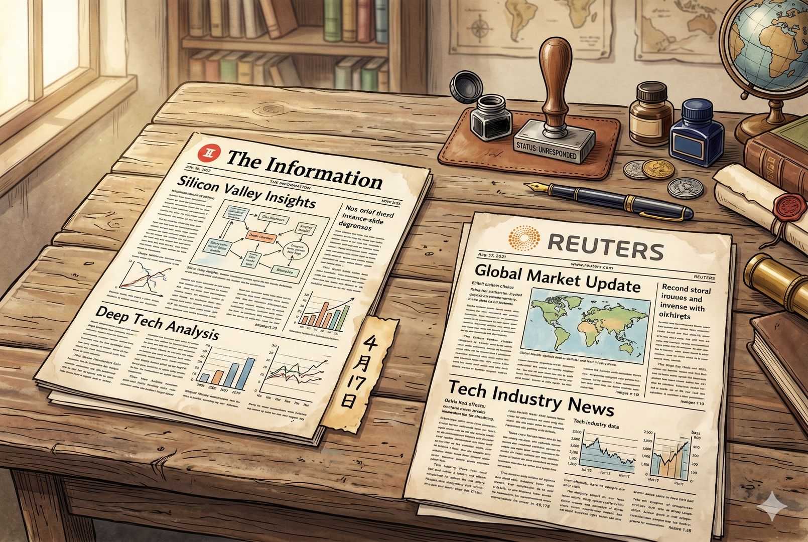 两份国际媒体报道摊开放在桌面上，一份标题为The Information，一份为Reuters，报道页边缘压着“4月17日”的日期纸条，桌角有沉默未回应的公司印章，羊皮纸，钢笔彩色手绘的统一风格。