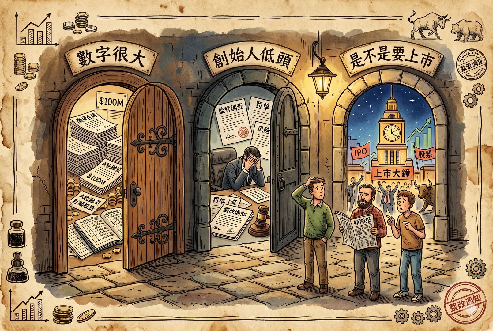 三扇并排的小门分别写着“数字很大”“创始人低头”“是不是要上市”，门前站着困惑的读者，门后隐约露出融资合同、监管文件和资本市场钟楼的不同景象，羊皮纸，钢笔彩色手绘的统一风格。